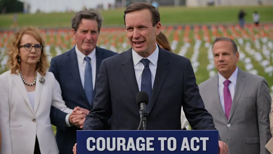 US Senator Chris Murphy, Democrat of Connecticut, with former Democratic US Representative Gabby Giffords (L), speaks during the opening of the Gun Violence Memorial on National Mall in Washington, DC on June 7, 2022. On January 8, 2011, Giffords was shot at a political rally in Tucson, Arizona.