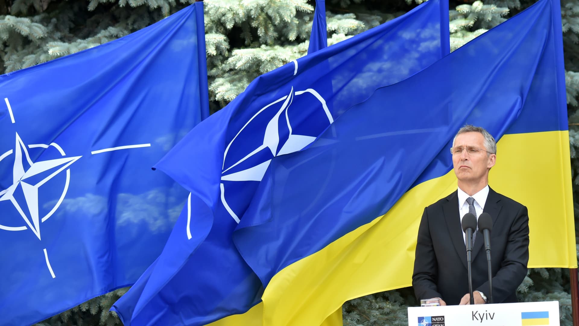 NATO Secretary General Jens Stoltenberg stands during a press conference with Ukrainian President in Kiev on July 10, 2017.