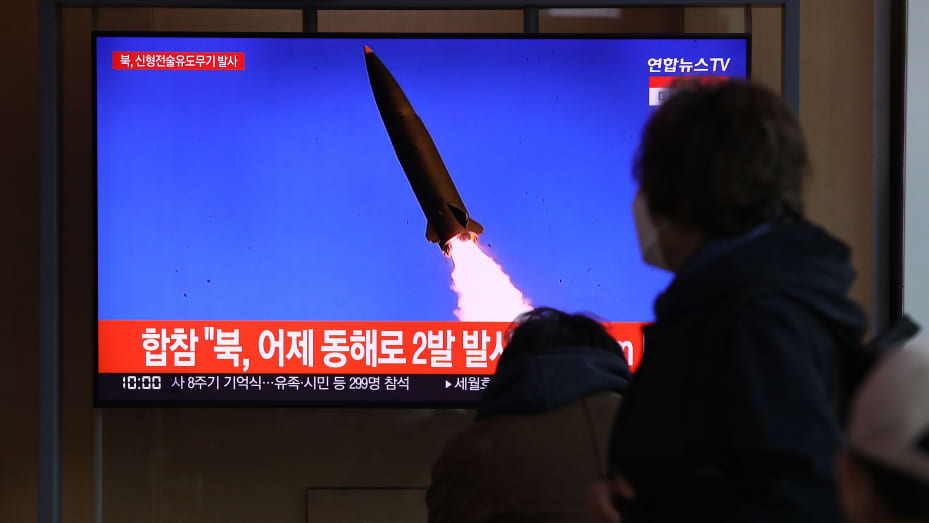 People watch a TV news program reporting on North Korea test-firing a newly developed tactical guided weapon on April 17, 2022 in Seoul, South Korea. The United States and its Asian allies flew dozens of fighter jets over waters surrounding the Korean Peninsula on Tuesday in a show of force as their diplomats discussed a coordinated response to a possibly imminent North Korean nuclear test.