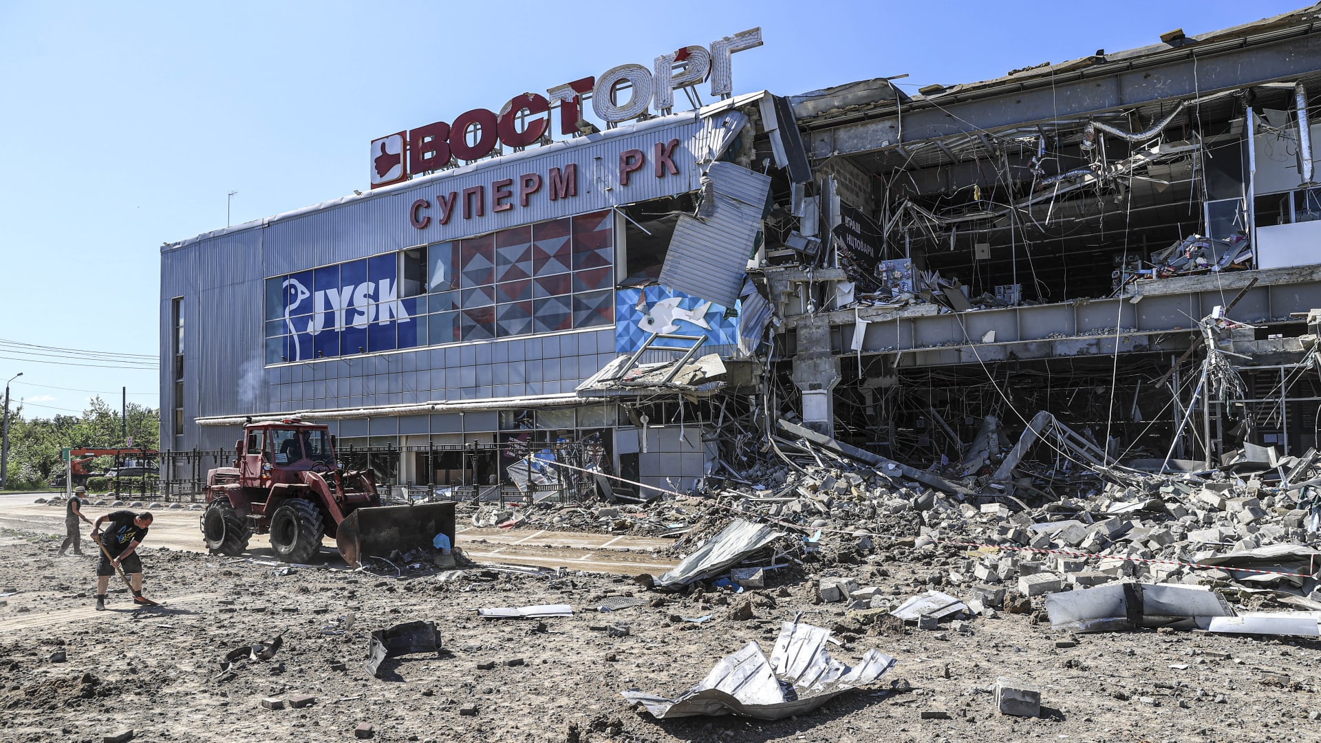 A view of the destroyed shopping mall due to shelling in Kharkiv, Ukraine on June 08, 2022.