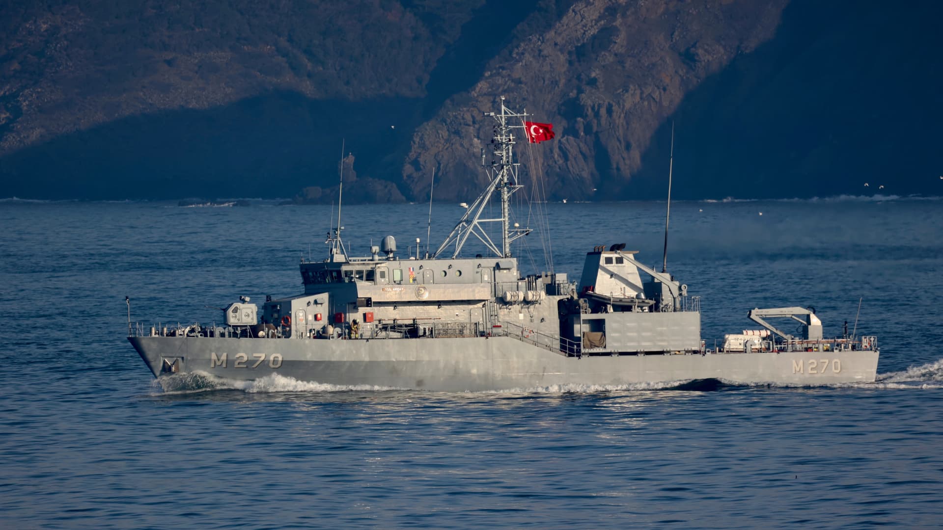 Turkish Navy's Aydin class mine hunting vessel TCG Akcay sails in the Bosphorus on its way to the Black Sea in Istanbul, Turkey March 26, 2022.