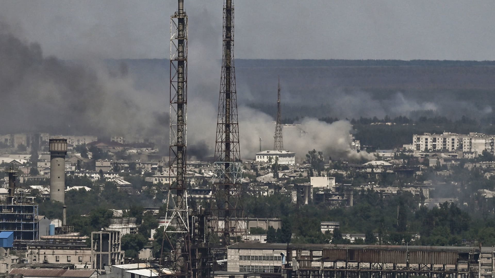 Black smoke and dirt rise from the city of Severodonetsk during battle between Russian and Ukrainian troops in the eastern Ukraine region of Donbas on June 9, 2022.