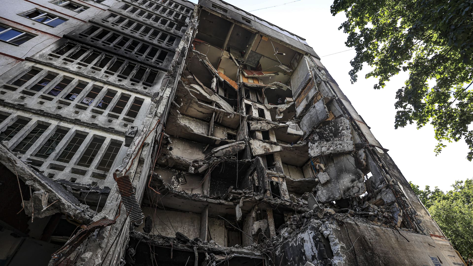 A view of a building partly destroyed in shelling in the Saltivka neighborhood of Kharkiv, Ukraine, on June 8, 2022.