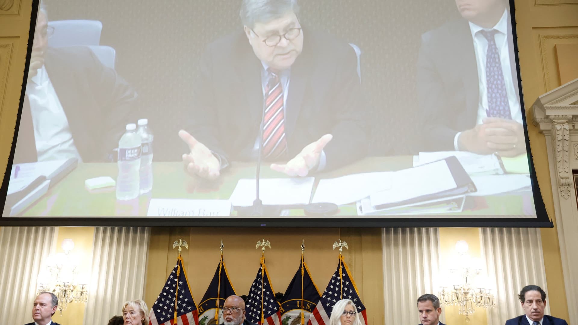 Former U.S. Attorney General Bill Barr is seen on video during his deposition for the public hearing of the U.S. House Select Committee to Investigate the January 6 Attack on the United States Capitol, on Capitol Hill in Washington, U.S., June 9, 2022. 