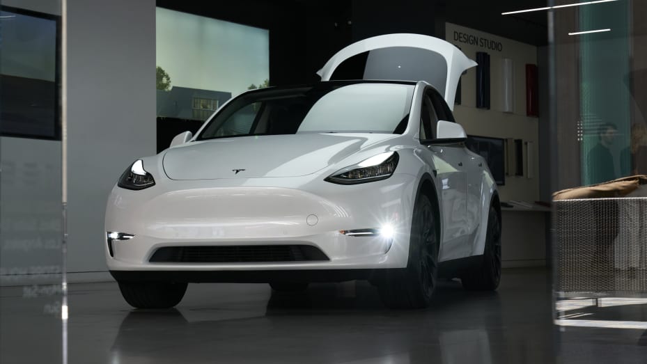 A Tesla Model Y on display inside a Tesla store at the Westfield Culver City shopping mall in Culver City, California, U.S., on Thursday, April 14, 2022.