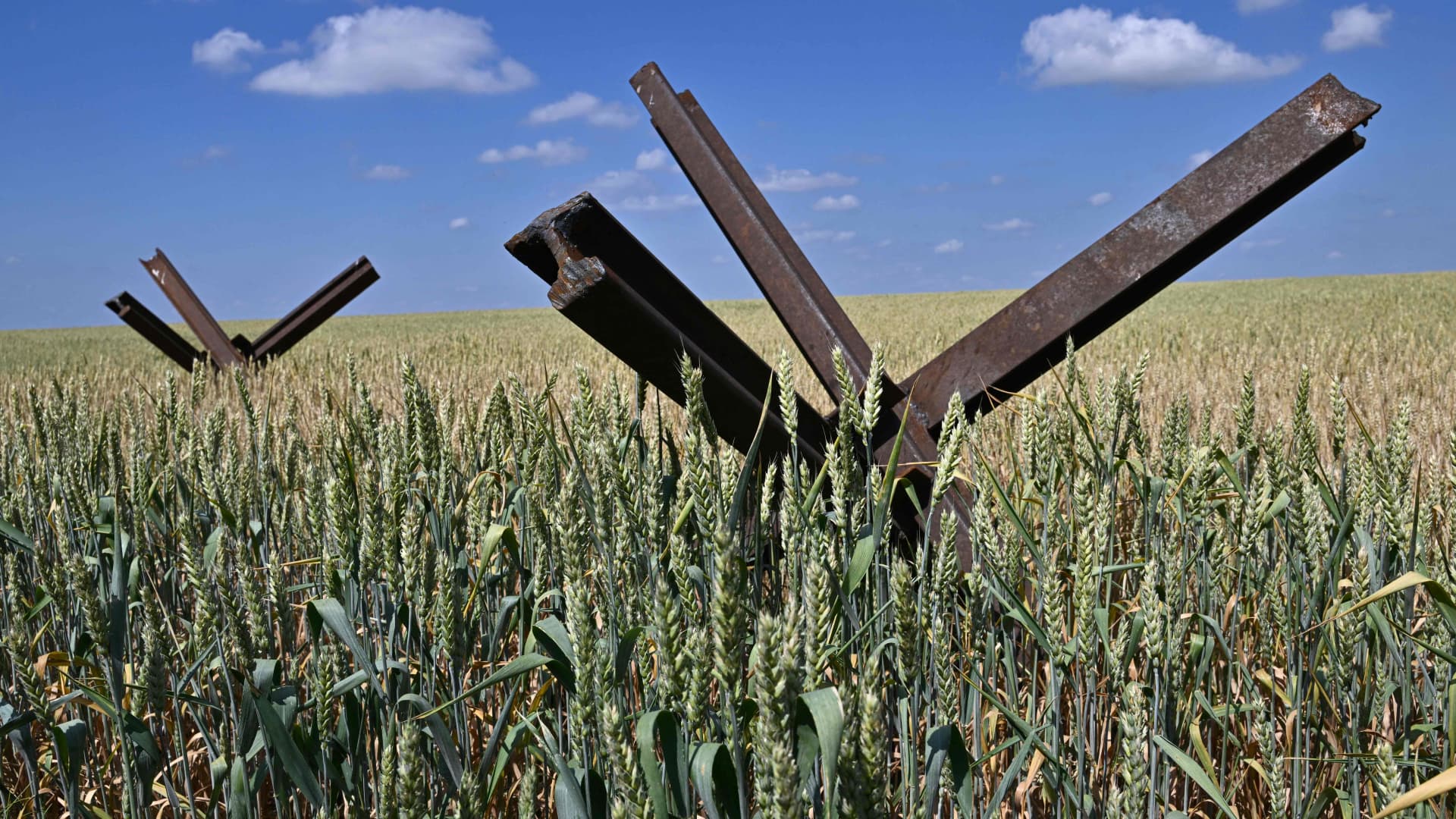 A photograph shows anti-tank obstacles on a wheat field at a farm in southern Ukraine's Mykolaiv region, on June 11, 2022, amid the Russian invasion of Ukraine.