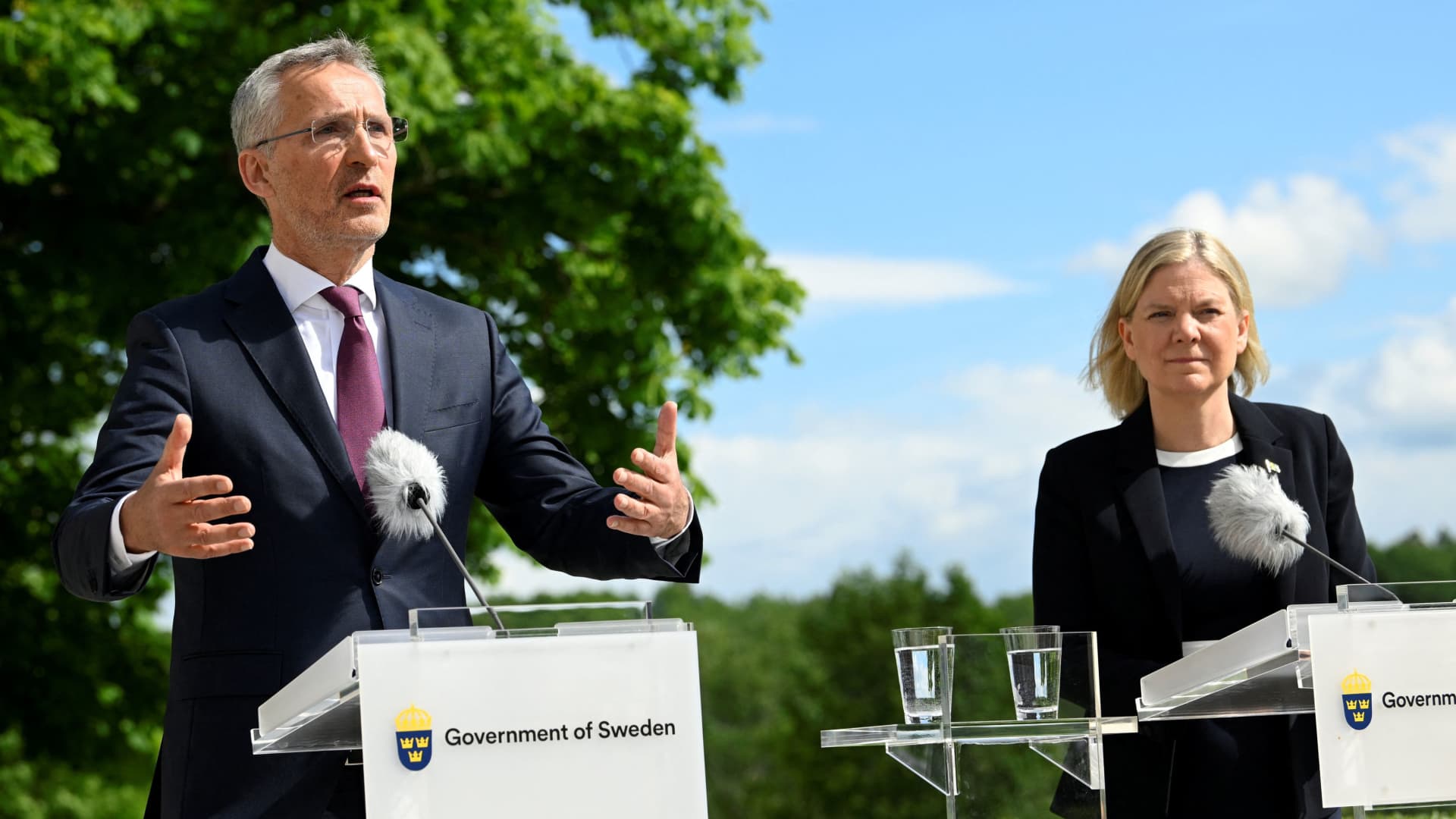 NATO Secretary General Jens Stoltenberg and Sweden's Prime Minister Magdalena Andersson give a news conference after their meeting, in Harpsund, Sweden, June 13, 2022.