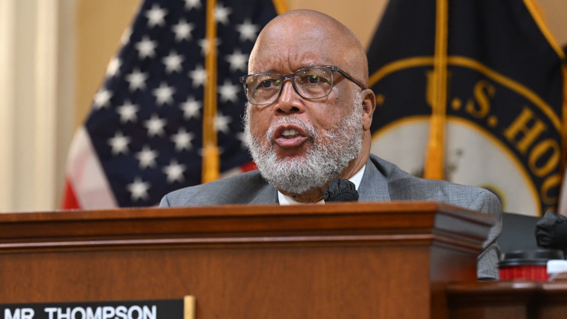 US Representative Bennie Thompson, chairman of the House committee investigating the Capitol riot speaks during a House Select Committee hearing to Investigate the January 6th Attack on the US Capitol, in the Cannon House Office Building on Capitol Hill in Washington, DC, June 13, 2022.
