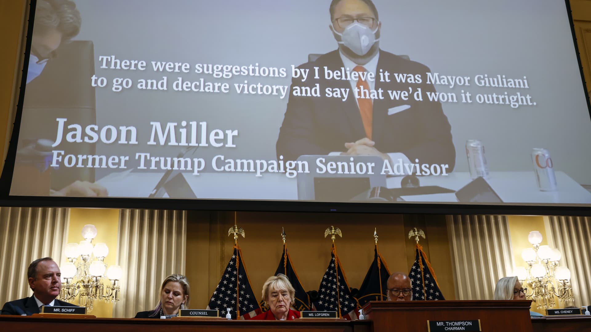Video from an interview with Jason Miller, former President Trump Campaign Senior Advisor, is played during a hearing by the Select Committee to Investigate the January 6th Attack on the U.S. Capitol in the Cannon House Office Building on June 13, 2022 in Washington, DC.