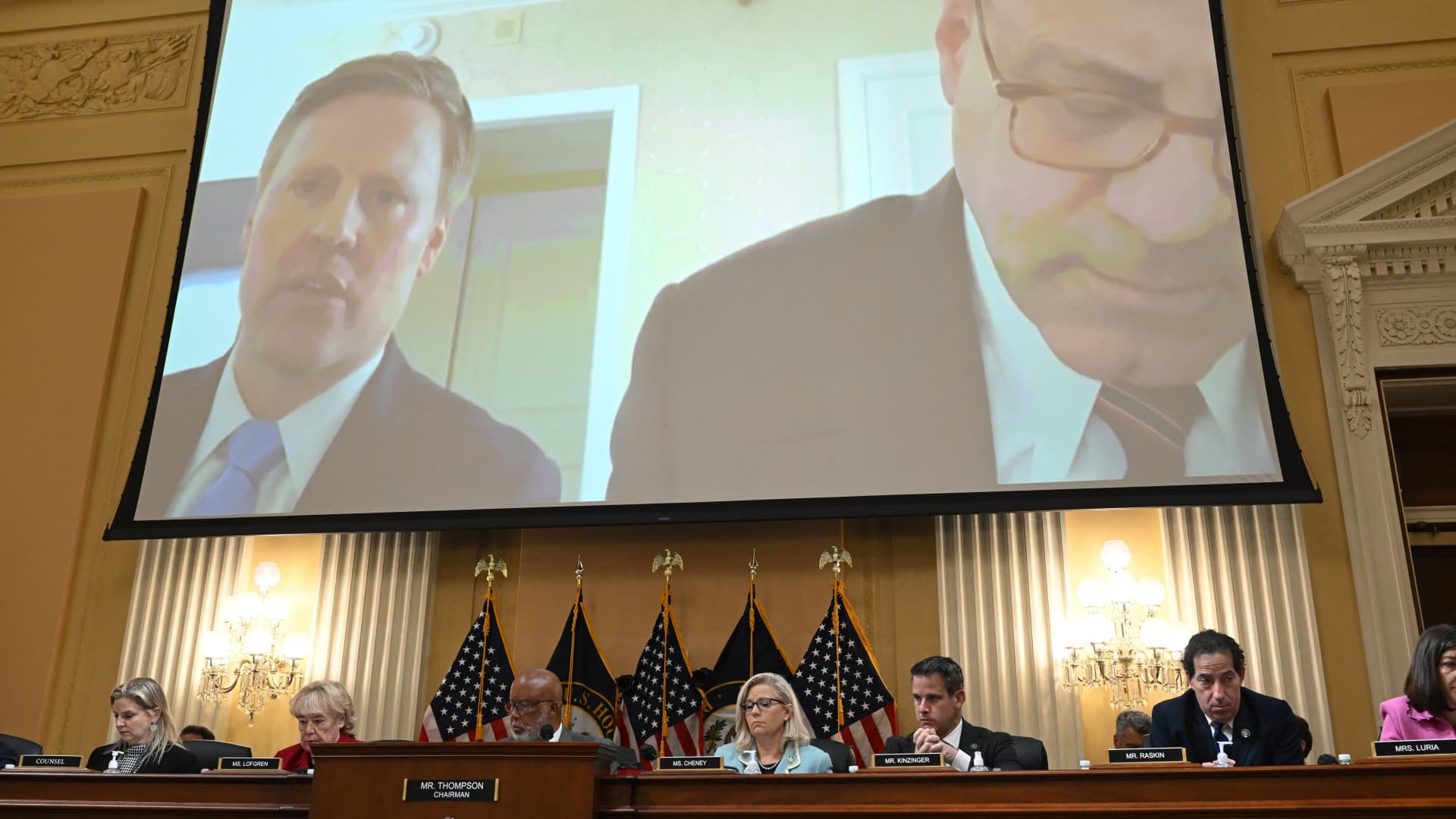 Video from an interview with former President Trump campaign manager William Stepien (L), and his attorney Kevin Marino, is played during a hearing by the Select Committee to Investigate the January 6th Attack on the US Capitol in the Cannon House Office Building on June 13, 2022 in Washington, DC.