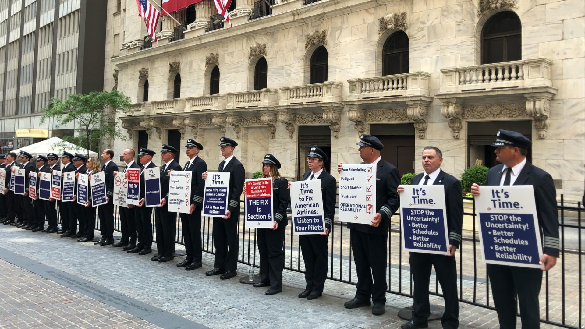 American Airlines pilots picket outside the New York Stock Exchange on June 2, 2022.