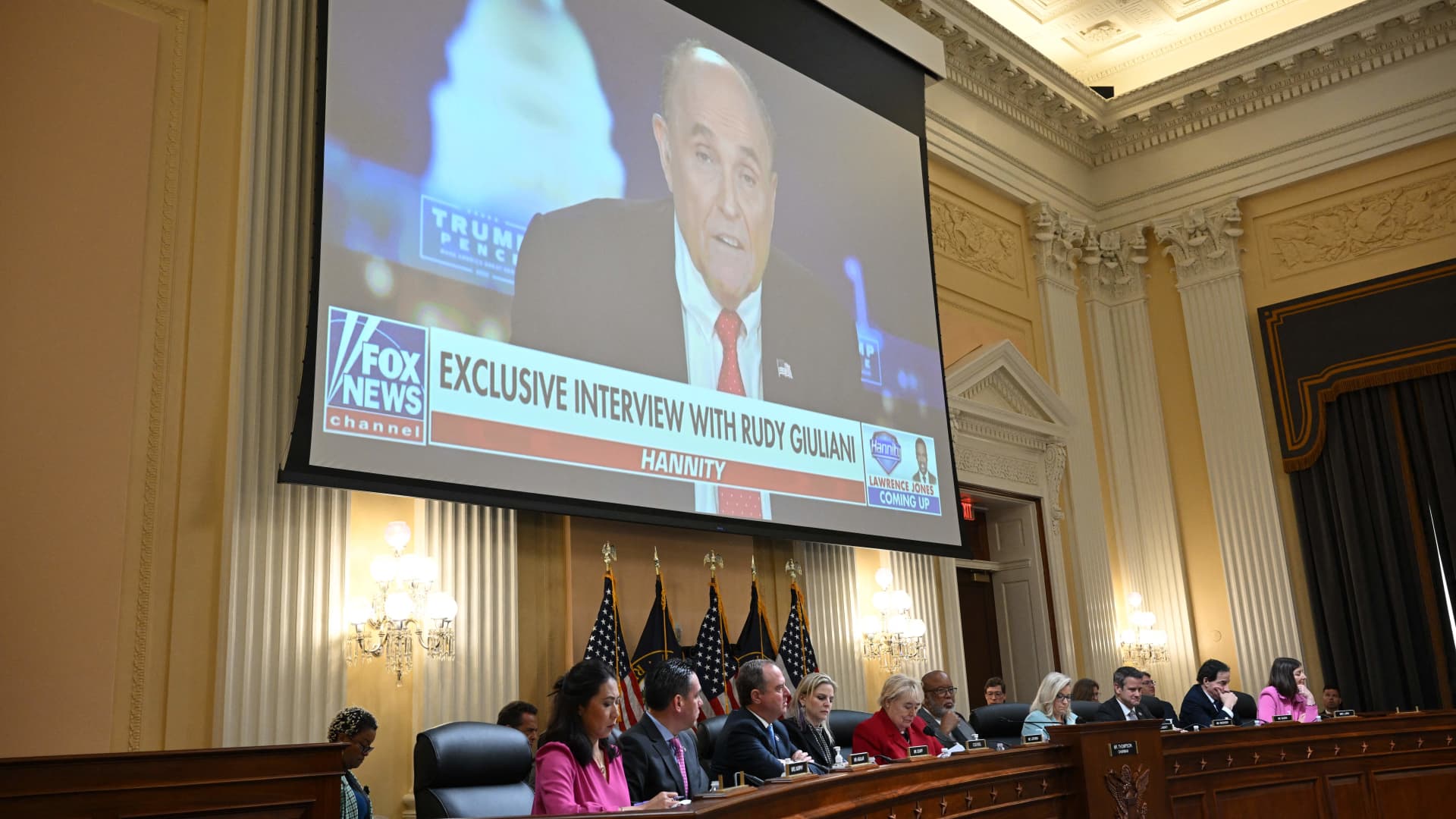 Former Trump campaign Lawyer Rudy Giuliani, is displayed on a screen during a hearing by the Select Committee to Investigate the January 6th Attack on the US Capitol on June 13, 2022 in Washington, DC.