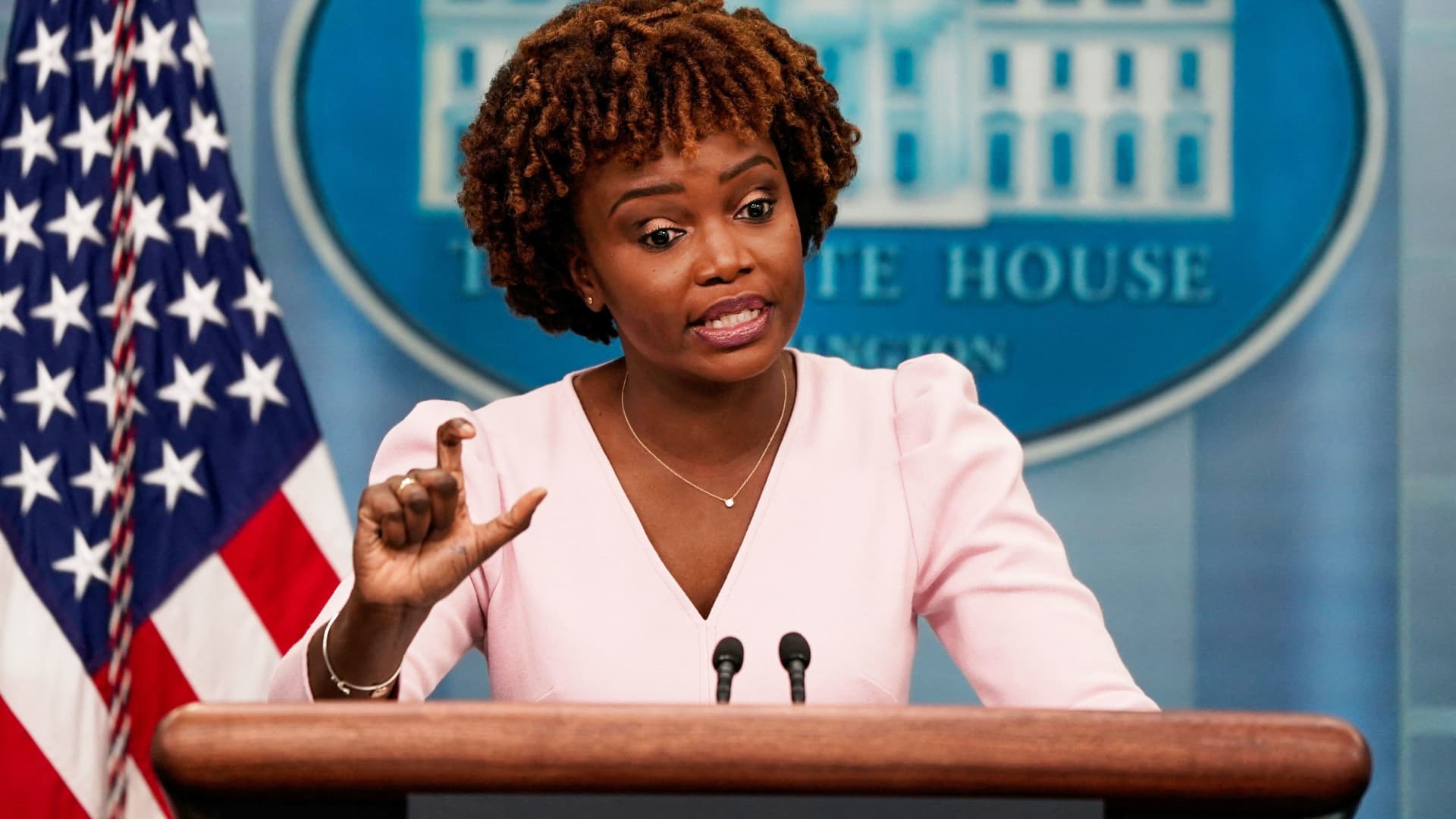 White House Press Secretary Karine Jean-Pierre speaks during a daily press briefing at the White House in Washington, June 13, 2022.