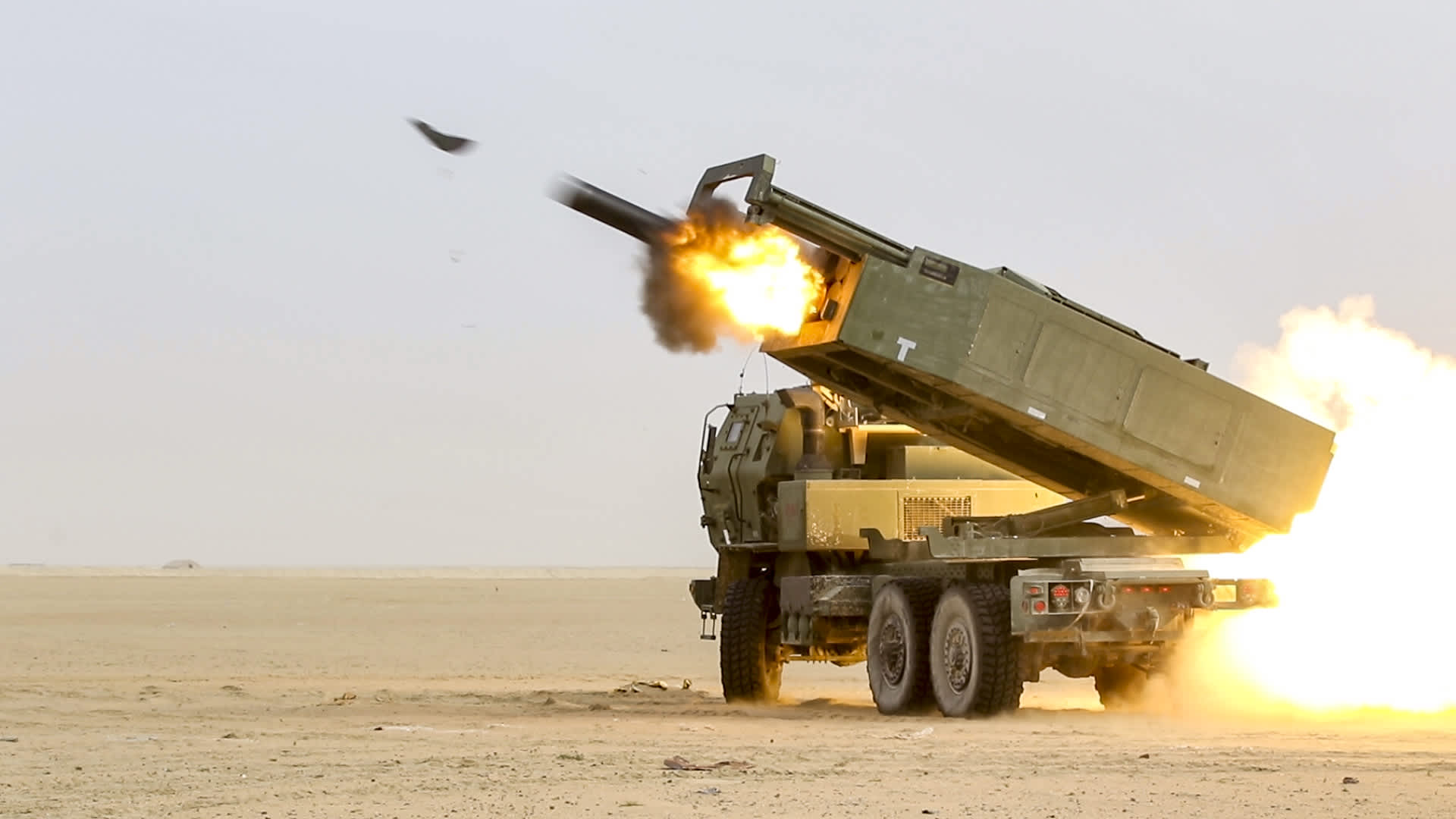 U.S. Soldiers assigned to the 65th Field Artillery Brigade fire a High Mobility Artillery Rocket System (HIMARS) during a joint live-fire exercise with the Kuwait Land Forces, Jan. 8, 2019, near Camp Buehring, Kuwait.