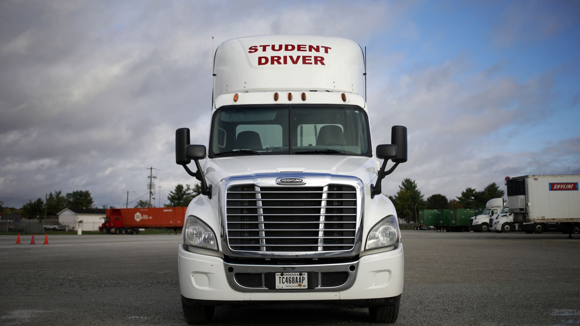 A semi truck used by students while earning their commercial driver's license (CDL) parked at Truck America Training of Kentucky in Shepherdsville, Kentucky, U.S., on Monday, Oct. 25, 2021.