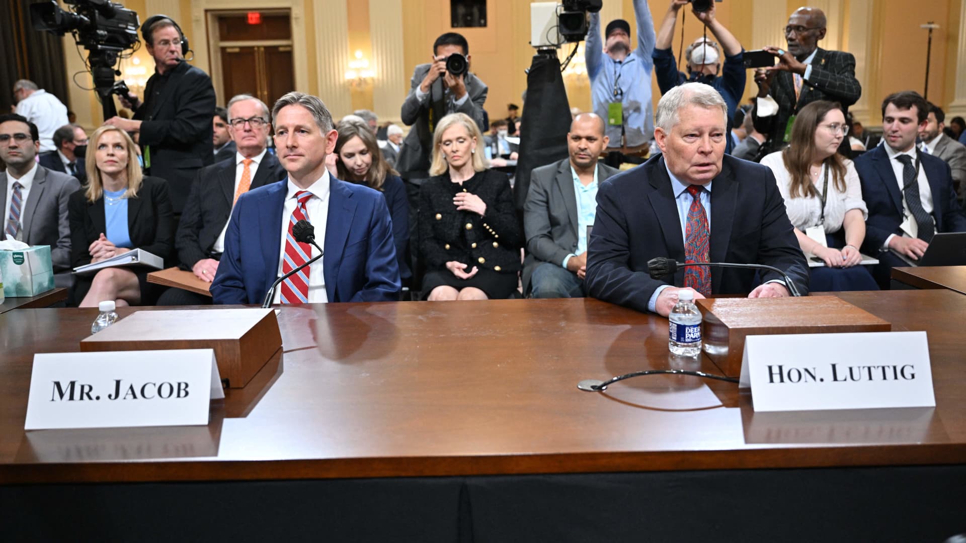 Former Counsel to Vice President Mike Pence, Greg Jacob (L), and Retired judge and and informal advisor to Vice President Mike Pence, J. Michael Luttig (R), arrive to testify during the third hearing of the US House Select Committee to Investigate the January 6 Attack on the US Capitol, on Capitol Hill in Washington, DC, on June 16, 2022.