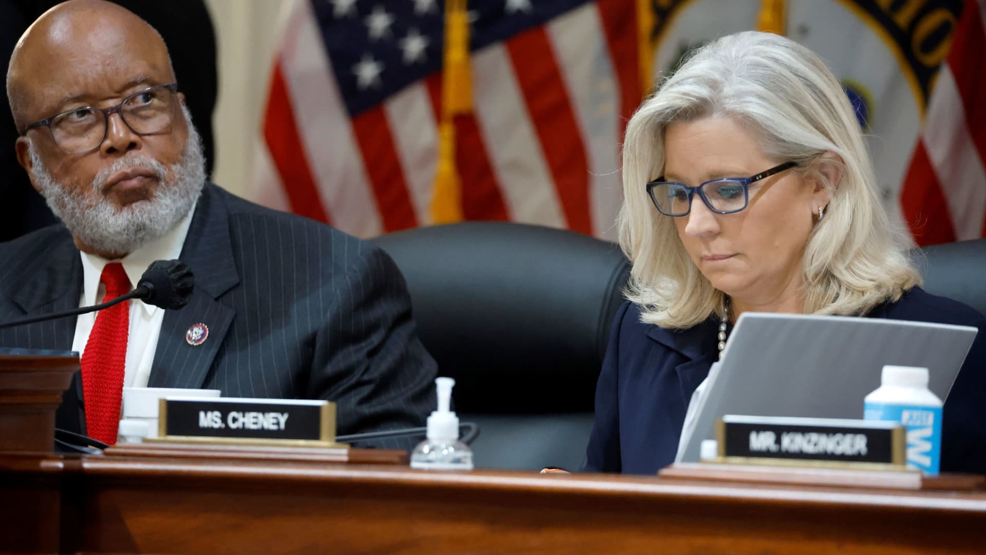 Chairperson Bennie Thompson (D-MS) attends and Vice Chair U.S. Representative Liz Cheney (R-WY) attend the third of eight planned public hearings of the U.S. House Select Committee to investigate the January 6 Attack on the United States Capitol, on Capitol Hill in Washington, U.S. June 16, 2022. 