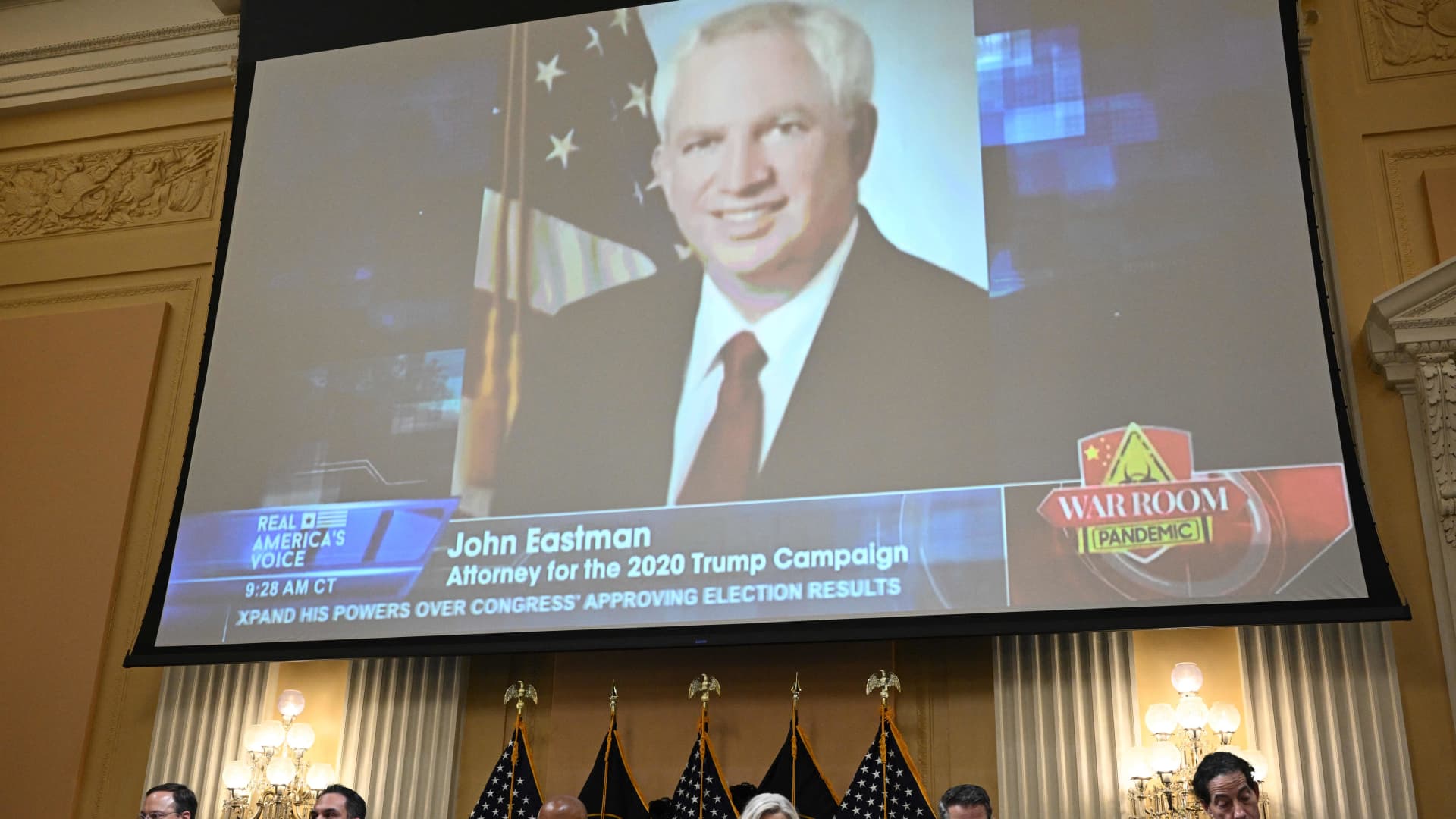 An image of John Eastman is projected as the US House Select Committee to Investigate the January 6 Attack on the US Capitol holds its third public hearing, on Capitol Hill in Washington, DC, on June 16, 2022.