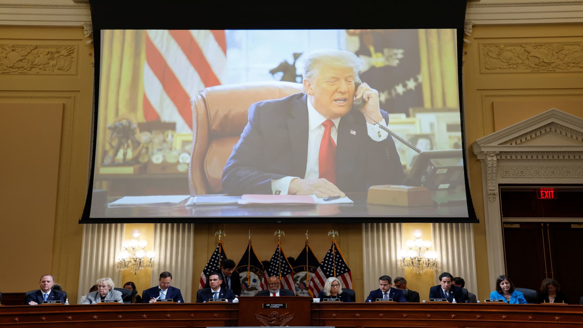 U.S. former President Donald Trump appears on the video screen during the third of eight planned public hearings of the U.S. House Select Committee to investigate the January 6 Attack on the United States Capitol, on Capitol Hill in Washington, U.S. June 16, 2022. 