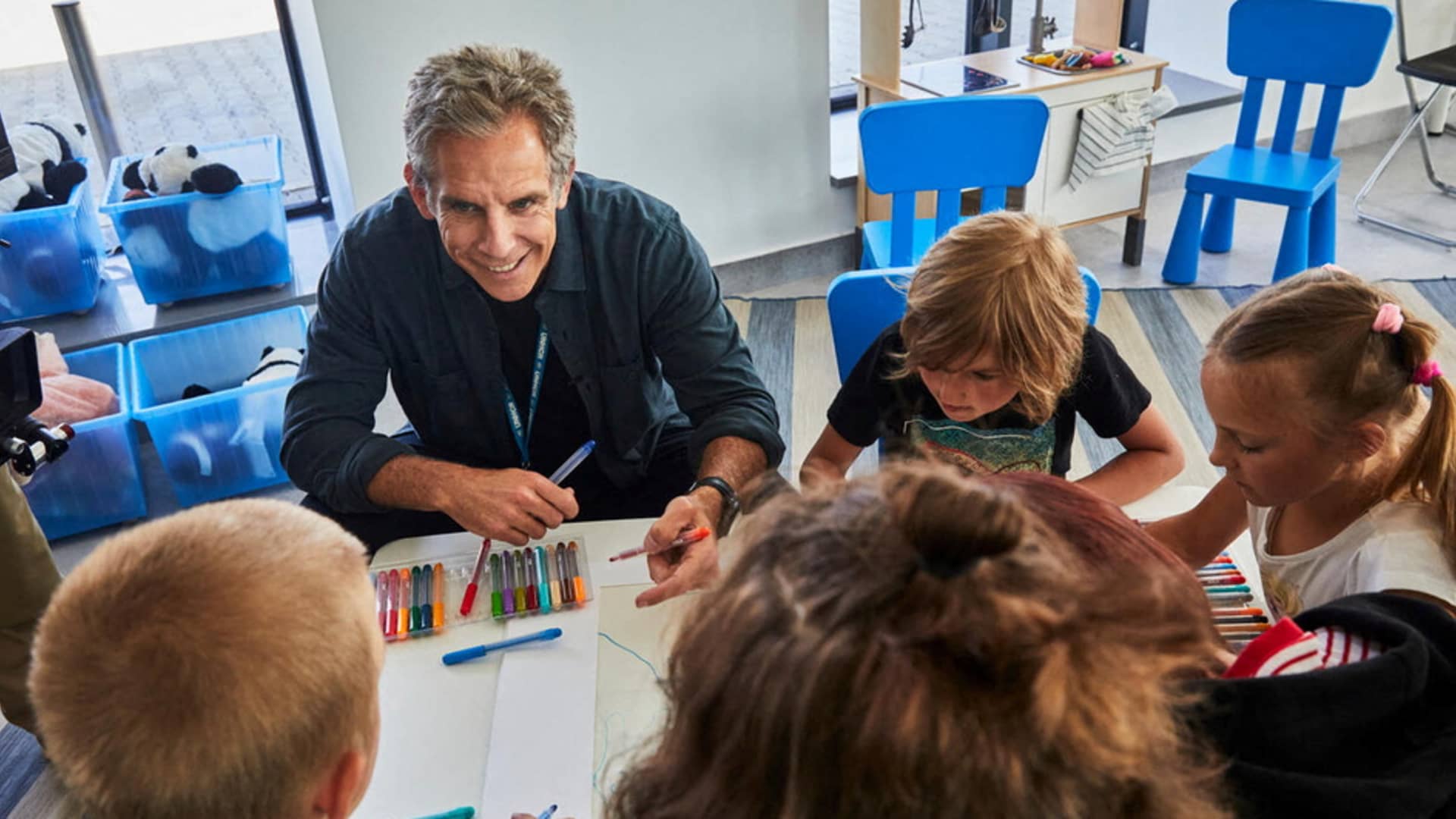 Goodwill Ambassador actor Ben Stiller meets children at a UNHCR Protection Hub providing psycho-social support, SGBV prevention and response and child protection and legal aid services in Medyka, Poland June 18, 2022. 