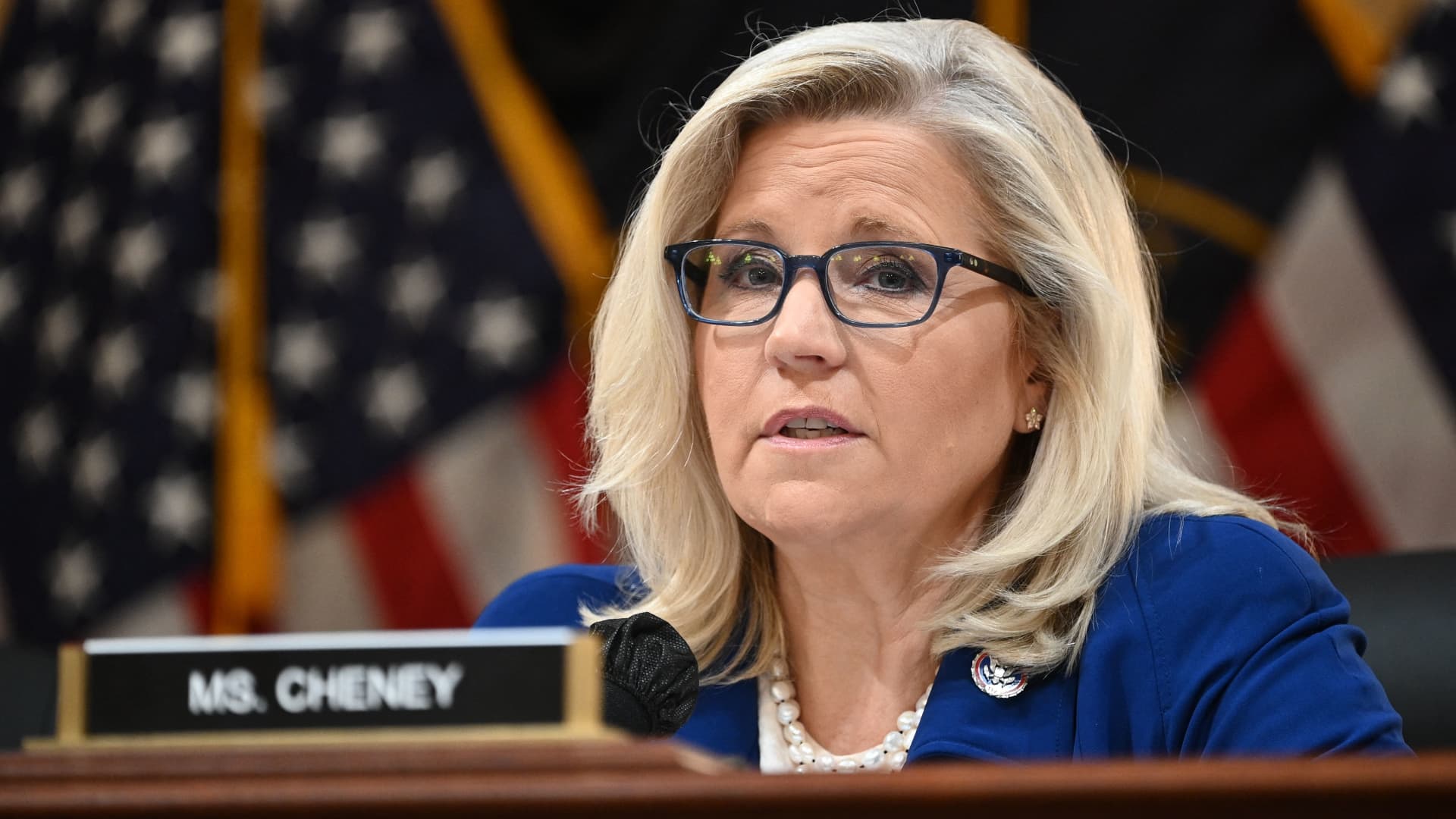 US Republican Representative Liz Cheney speaks during a House Select Committee hearing to Investigate the January 6th Attack on the US Capitol, in the Cannon House Office Building on Capitol Hill in Washington, DC on June 21, 2022.