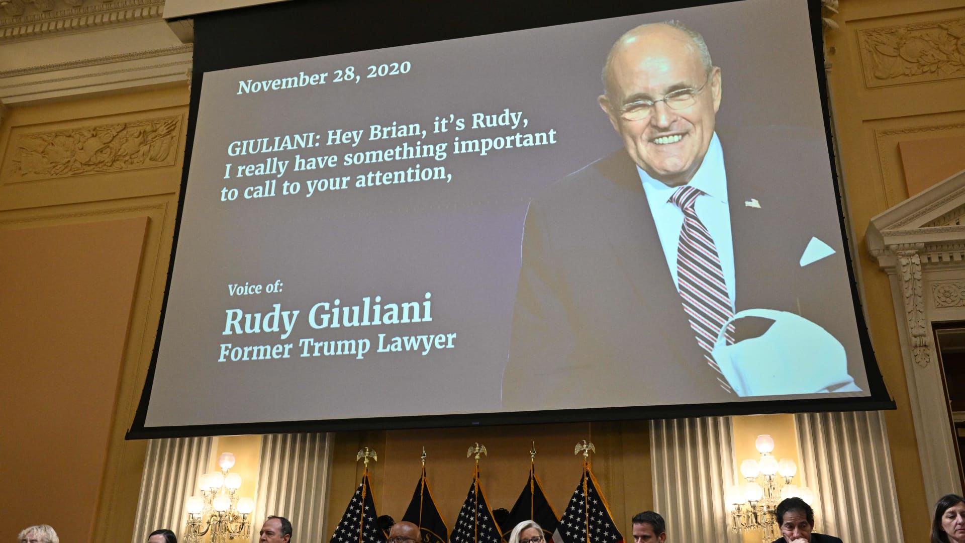 Former lawyer for US President Donald Trump, Rudy Giuliani appears on screen during the fourth hearing by the House Select Committee to Investigate the January 6th Attack on the US Capitol in the Cannon House Office Building on June 21, 2022 in Washington, DC.