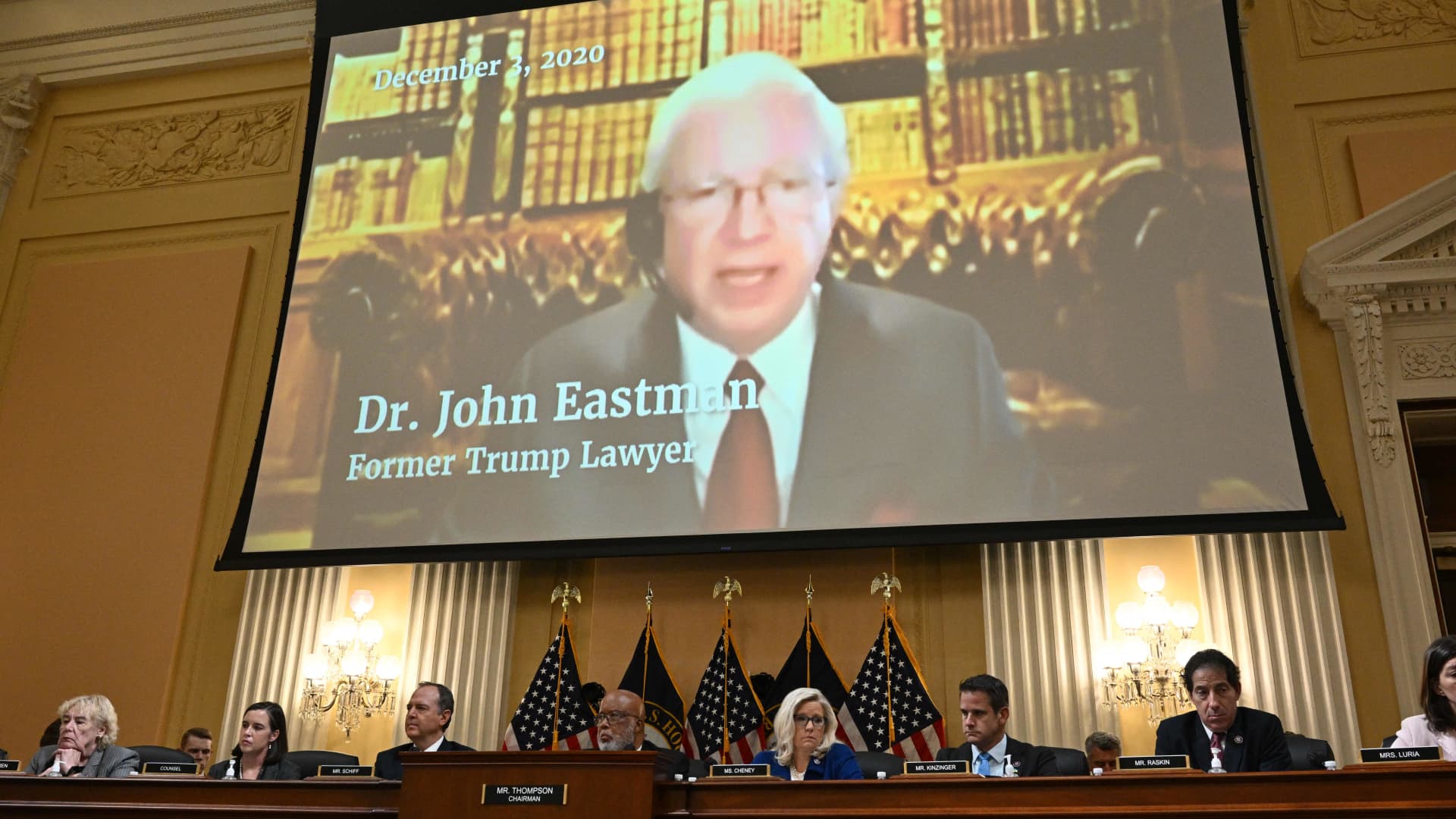 Former lawyer of former President Donald Trump, John Eastman, appears on screen during the fourth hearing by the House Select Committee to Investigate the January 6th Attack on the US Capitol in the Cannon House Office Building on June 21, 2022 in Washington, DC.