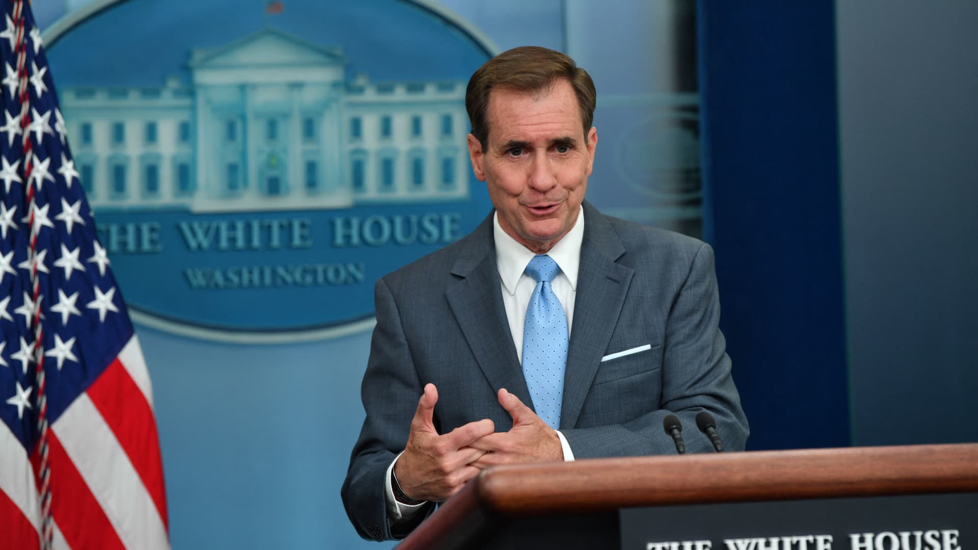 John Kirby, National Security Council Coordinator for Strategic Communications, speaks during a press briefing in the Brady Briefing Room of the White House in Washington, DC, on June 21, 2022.