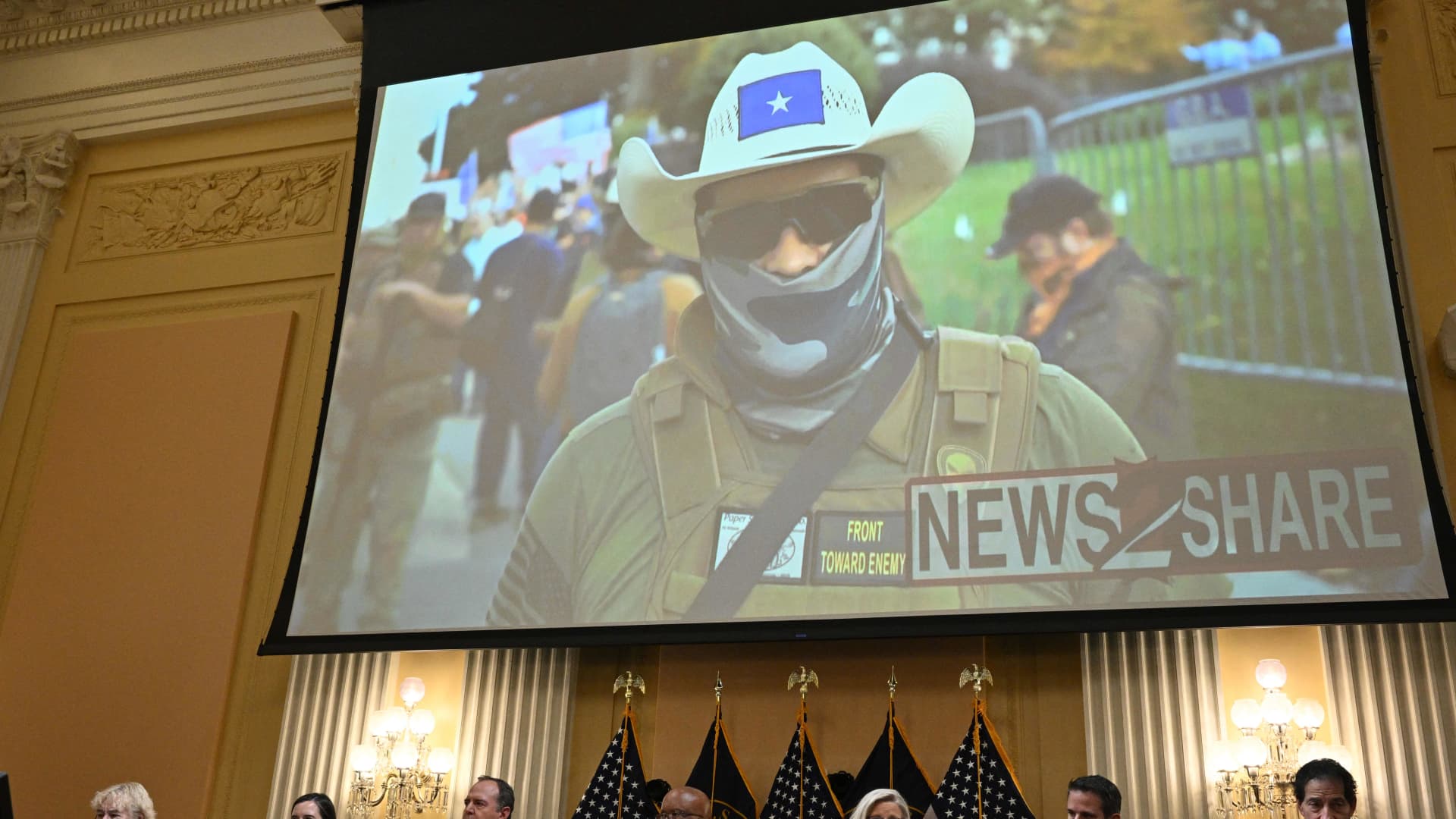 An image of a rioter is displayed on a screen during the fourth hearing by the House Select Committee to Investigate the January 6th Attack on the US Capitol in the Cannon House Office Building on June 21, 2022 in Washington, DC.