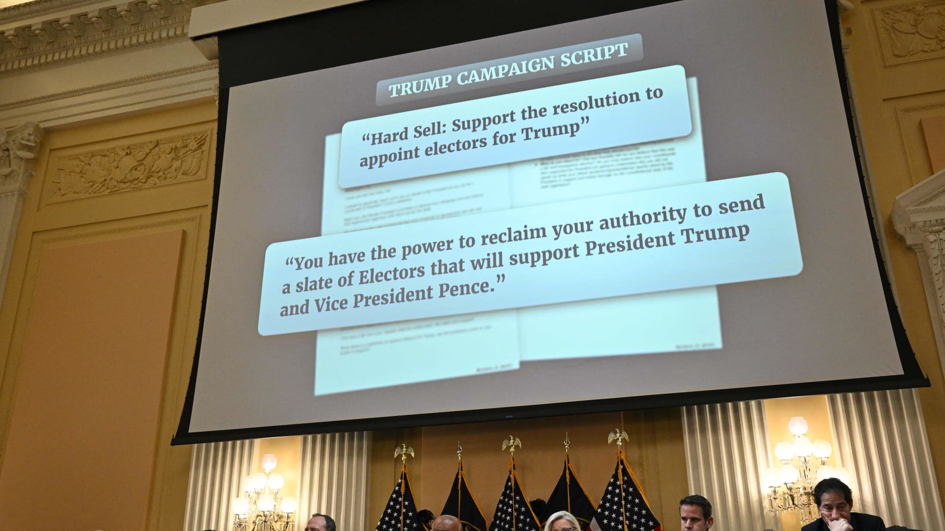 An image of Former President Donald Trump campaign script is displayed on a screen during the fourth hearing by the House Select Committee to Investigate the January 6th Attack on the US Capitol in the Cannon House Office Building on June 21, 2022 in Washington, DC.