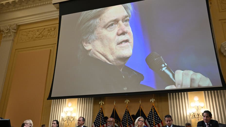 Former White House Chief Strategist Stephen Bannon, appears on screen during the fourth hearing by the House Select Committee to Investigate the January 6th Attack on the US Capitol in the Cannon House Office Building on June 21, 2022 in Washington, DC.