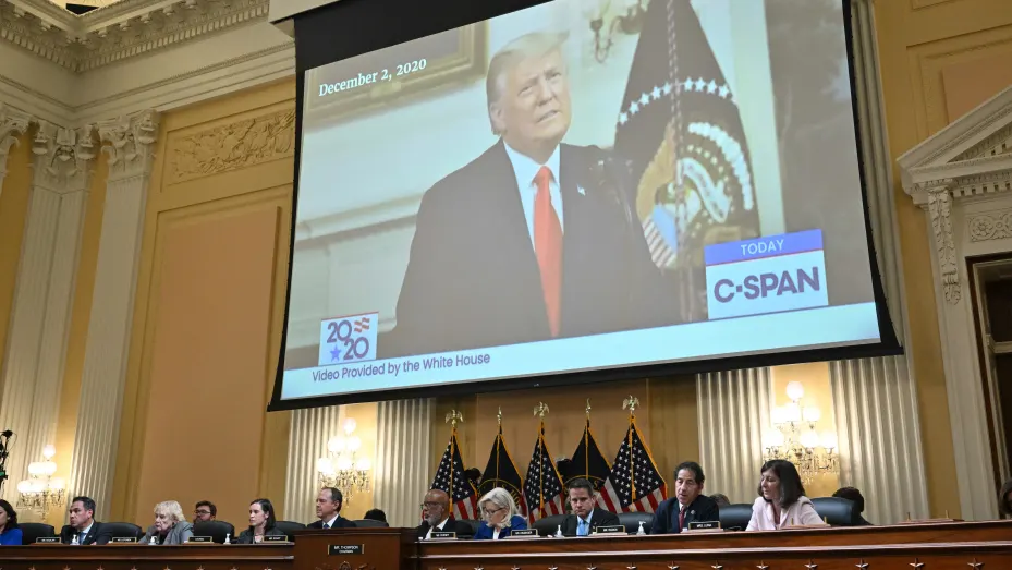 Former President Donald Trump appears on screen during the fourth hearing by the House Select Committee to Investigate the January 6th Attack on the US Capitol in the Cannon House Office Building on June 21, 2022 in Washington, DC.