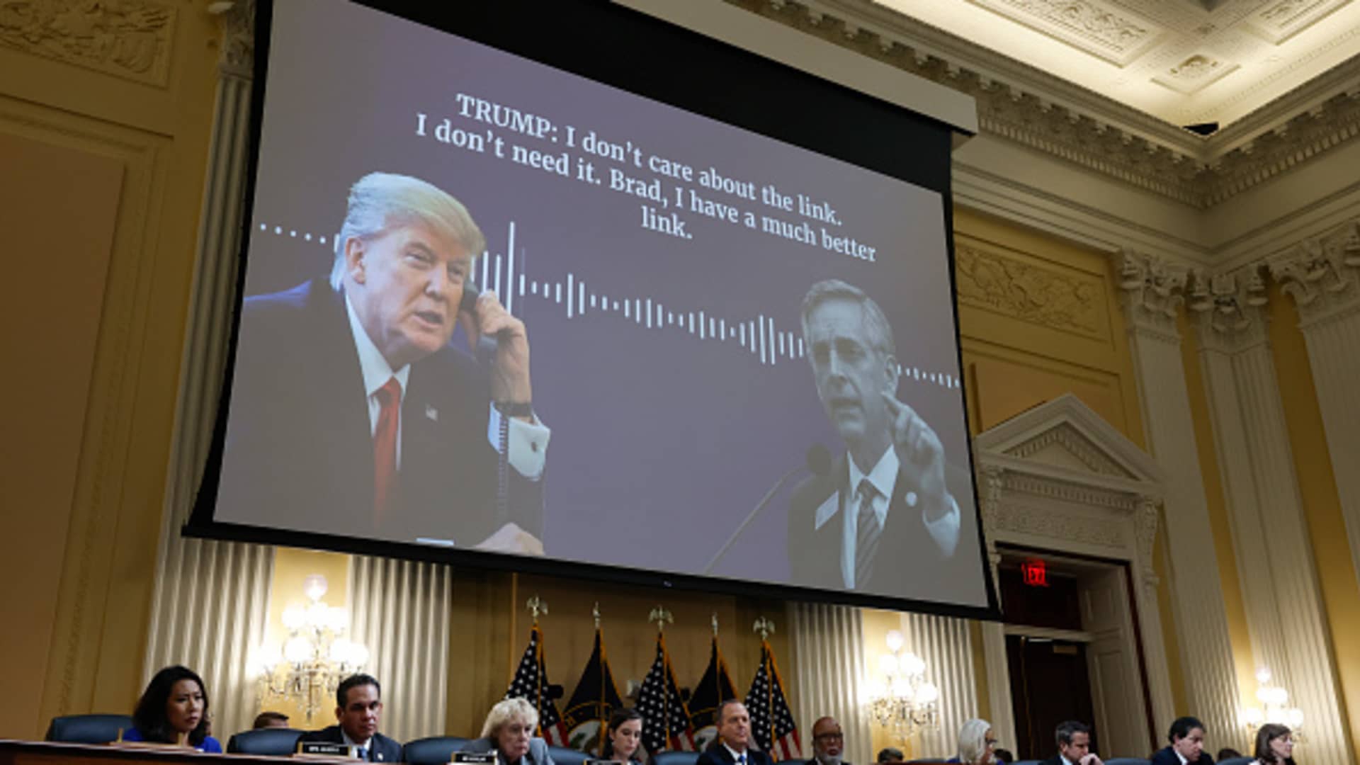 A transcript of a phone call between former U.S. President Donald Trump and Brad Raffensperger, Georgia Secretary of State, appears on a video screen during the fourth hearing on the January 6th investigation in the Cannon House Office Building on June 21, 2022 in Washington, DC.