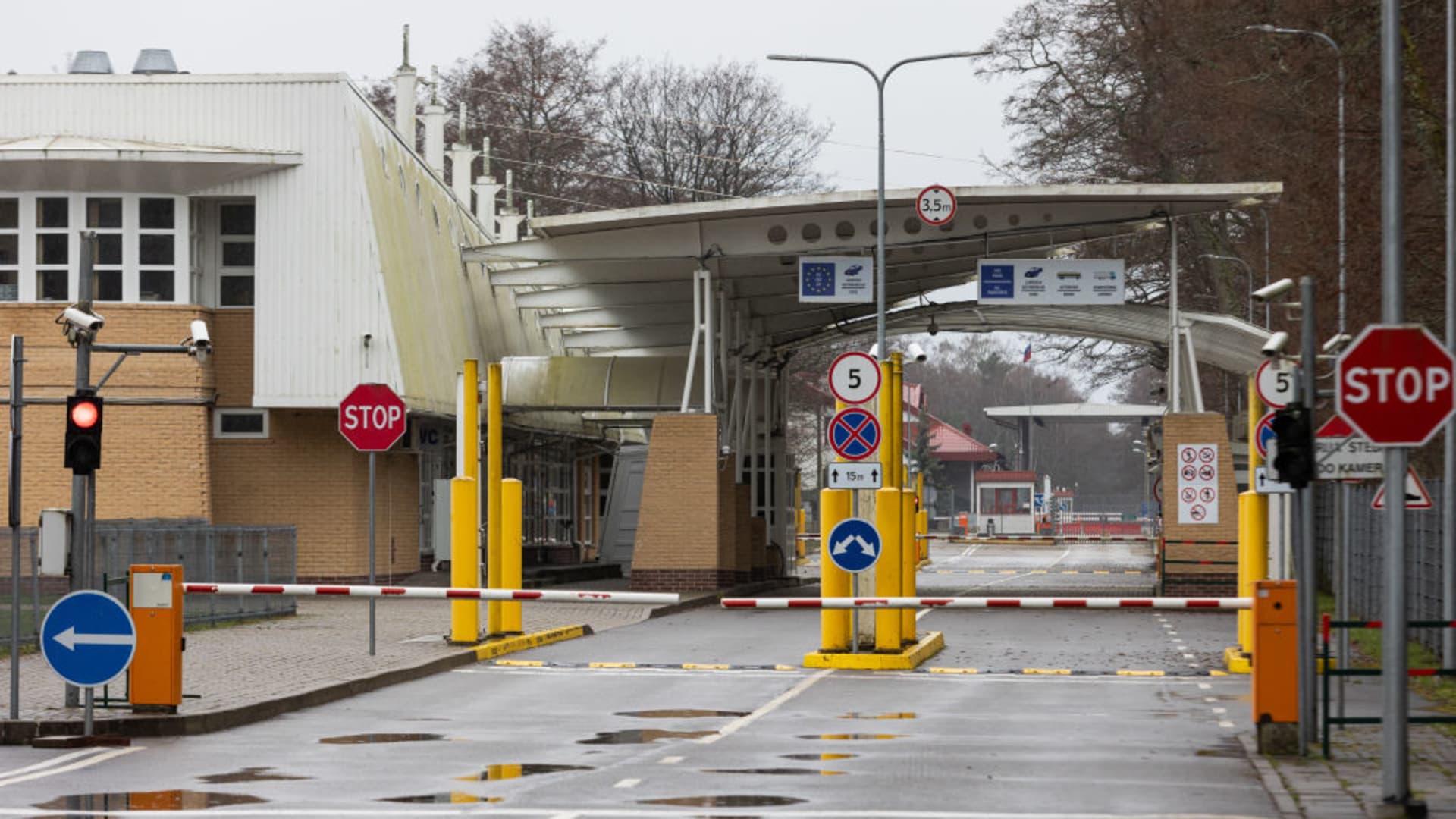 A disused border crossing point to Russia is seen on April 15, 2022 in Nida, Lithuania. Russia's Kaliningrad exclave, on the shore of the Baltic Sea, is sandwiched between NATO members Lithuania and Poland and is the Baltic coasts most strategic transport and trade port.