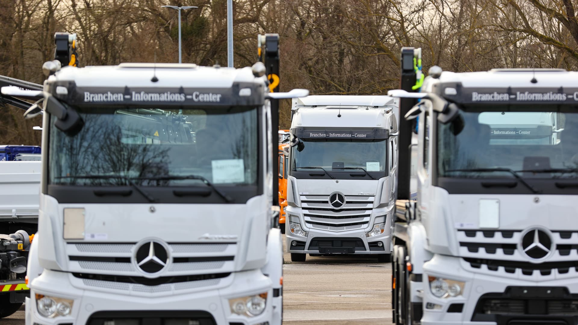 New haulage trucks in the customer delivery center outside the Daimler AG truck factory in Woerth, Germany, on Thursday, Feb. 4, 2021.