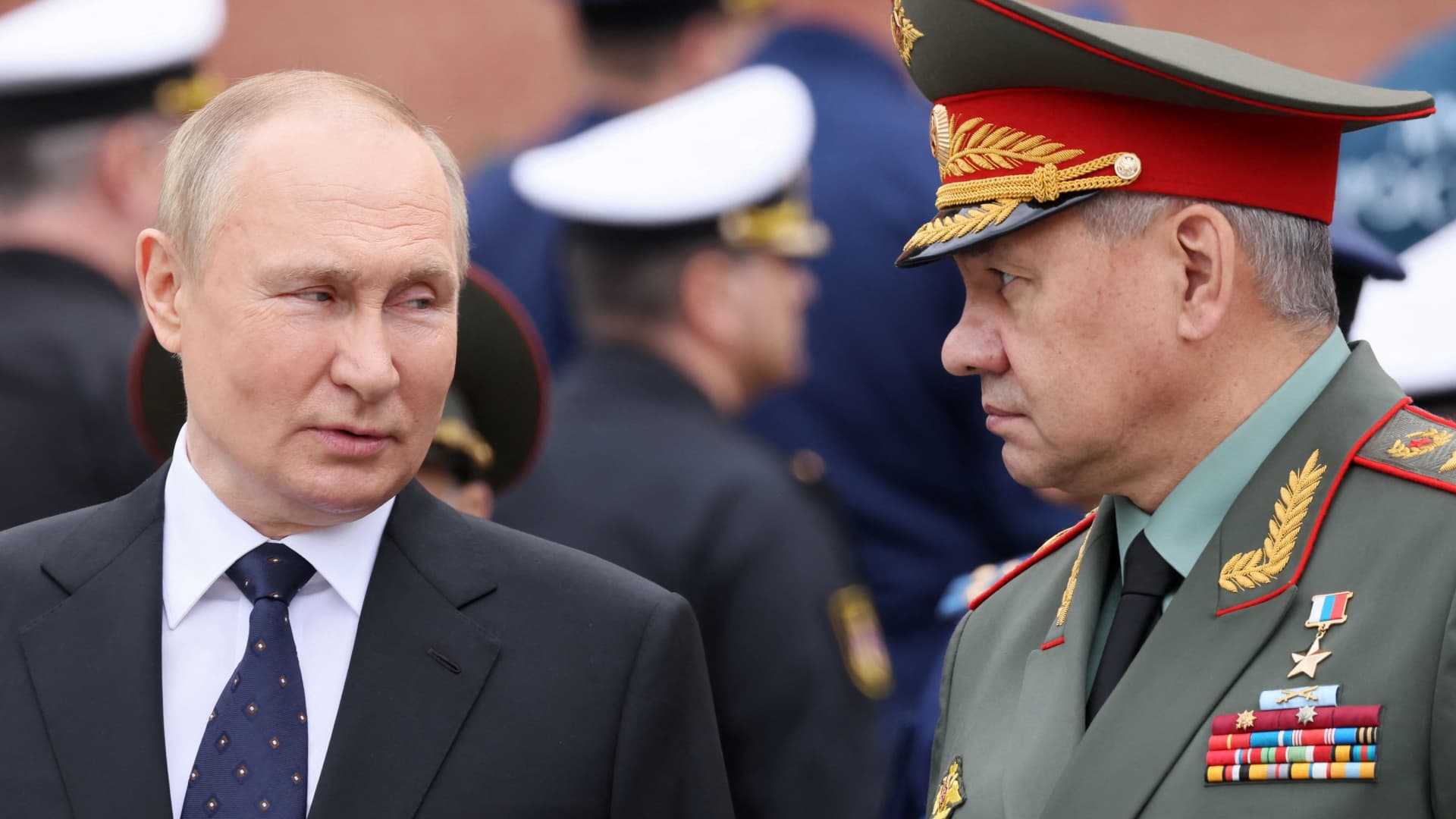 Russian President Vladimir Putin and Defense Minister Sergei Shoigu attend a wreath-laying ceremony, which marks the anniversary of the beginning of the Great Patriotic War against Nazi Germany in 1941, at the Tomb of the Unknown Soldier by the Kremlin wall in Moscow, Russia June 22, 2022.