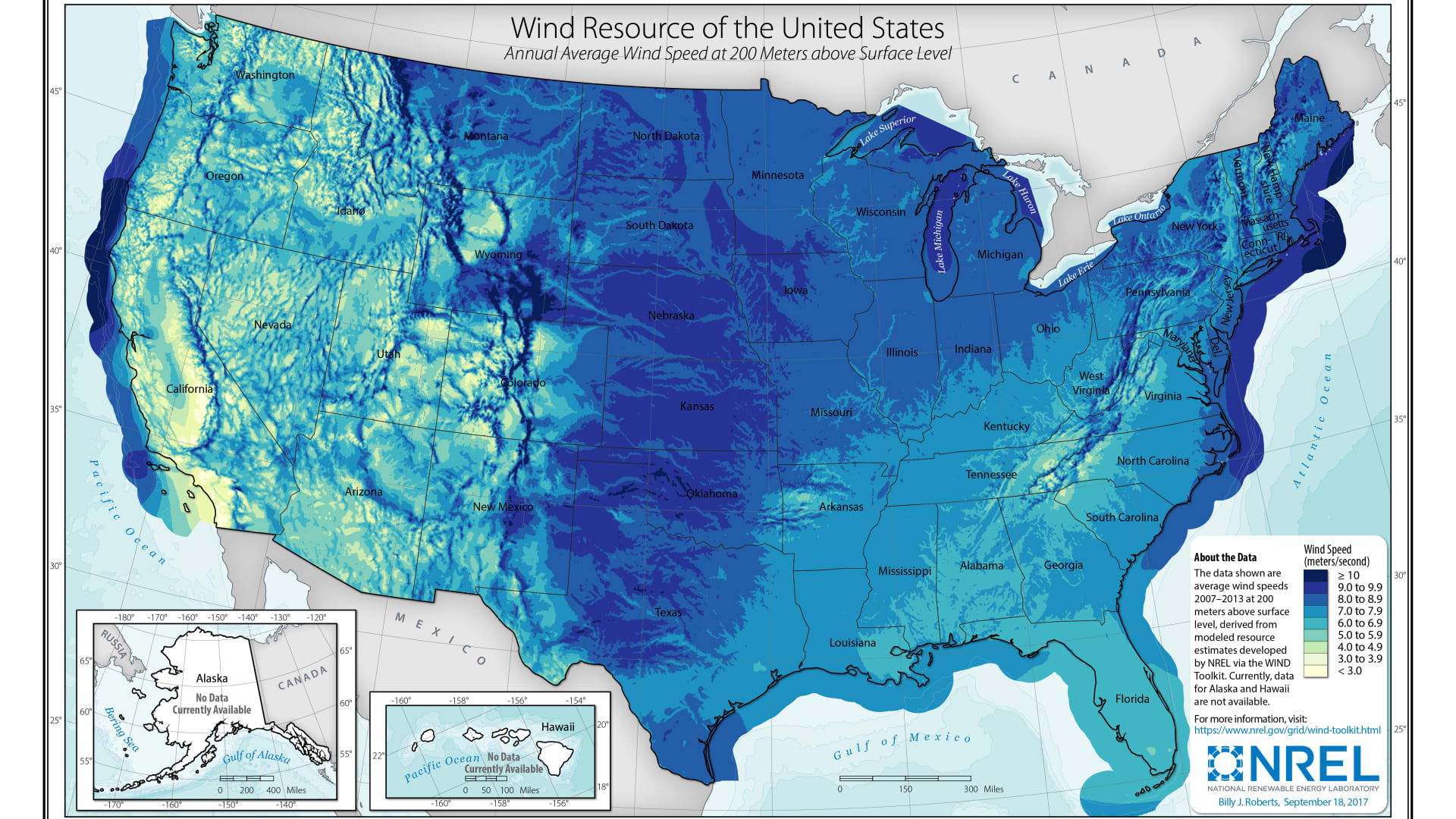 Wind resources in the United States, according to the the National Renewable Energy Laboratory, a national laboratory of the U.S. Department of Energy.