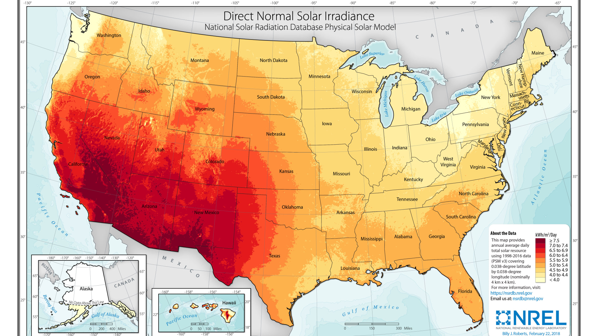 Solar resources in the United States, according to the the National Renewable Energy Laboratory, a national laboratory of the U.S. Department of Energy.