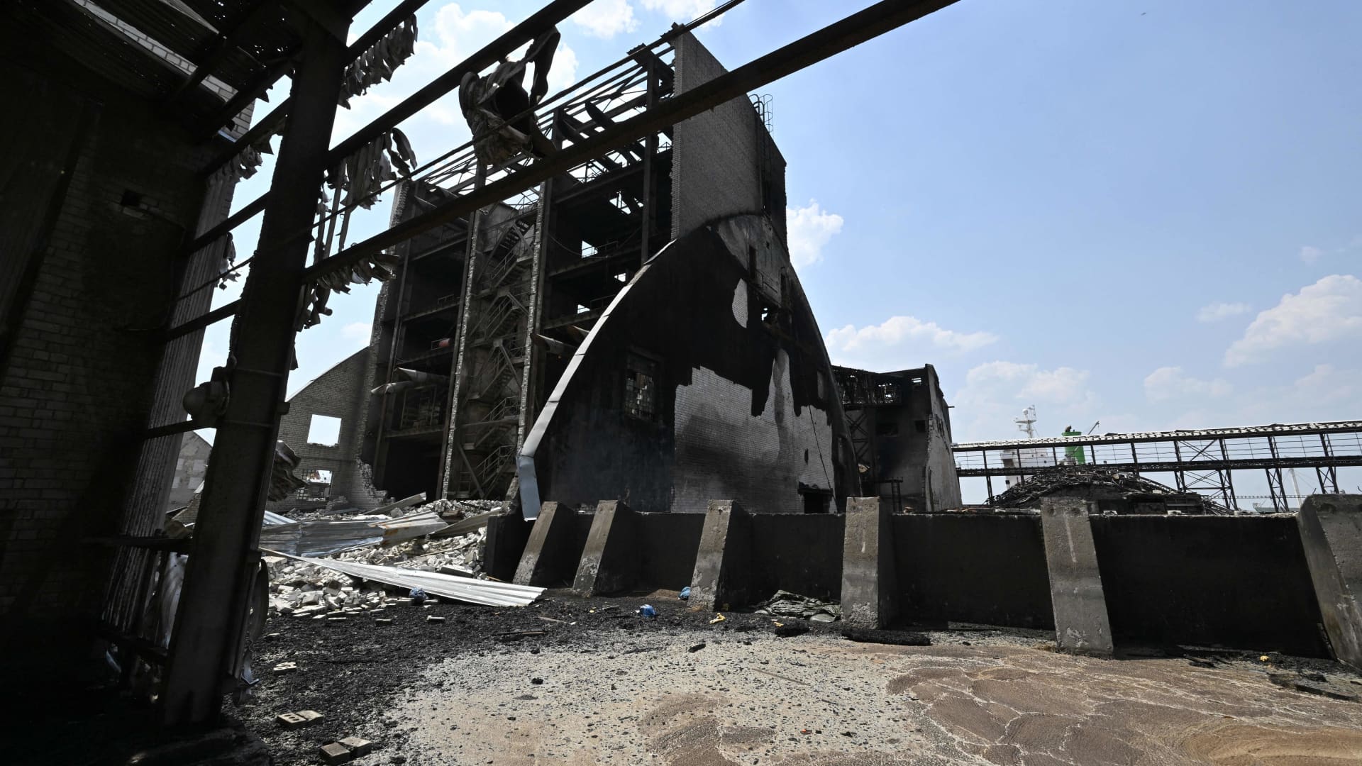 The destroyed storage facilities of private company Nika-Tera in the southern city of Mykolaiv on June 12, 2022, which were bombed on June 4, according to the military administration.