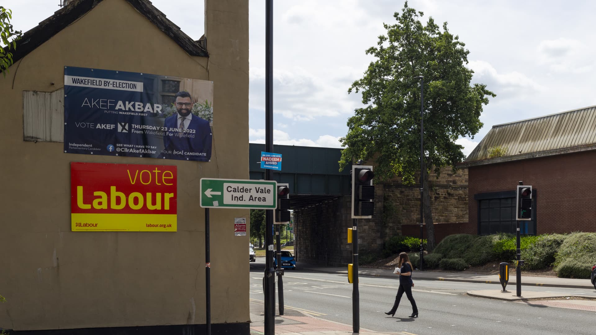Campaign posters in Wakefield, West Yorkshire, ahead of a key by-election triggered after Conservative MP Imran Ahmed Khan was convicted of sexually assaulting a minor.