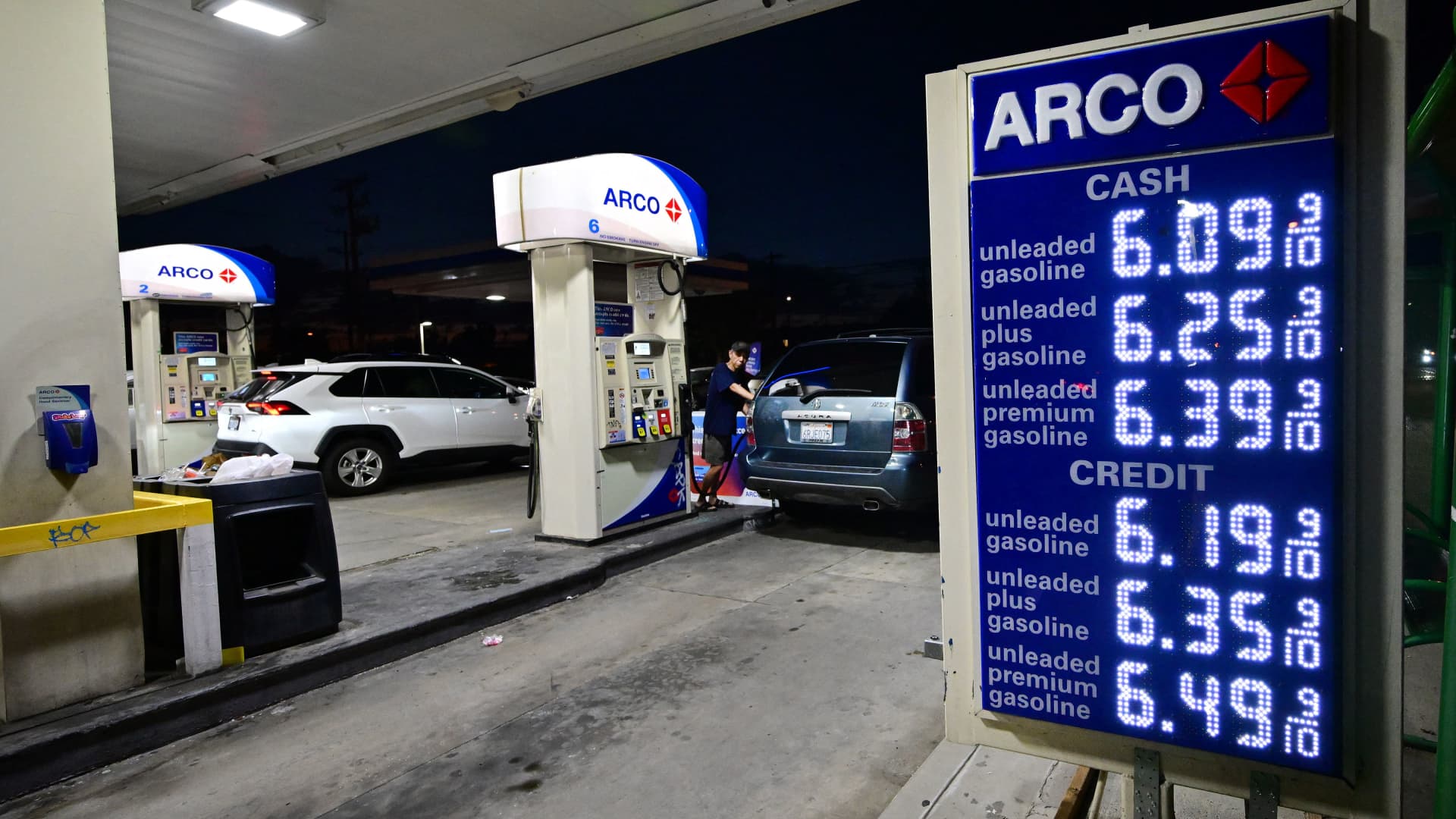 An Arco gas station displays the price per gallon at over $6 in Monterey Park, California on June 22, 2022.