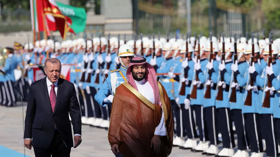 Turkish President Recep Tayyip Erdogan welcomes Saudi Arabia's Crown Prince Mohammed bin Salman Al Saud in Ankara, Turkey, on June 22, 2022.