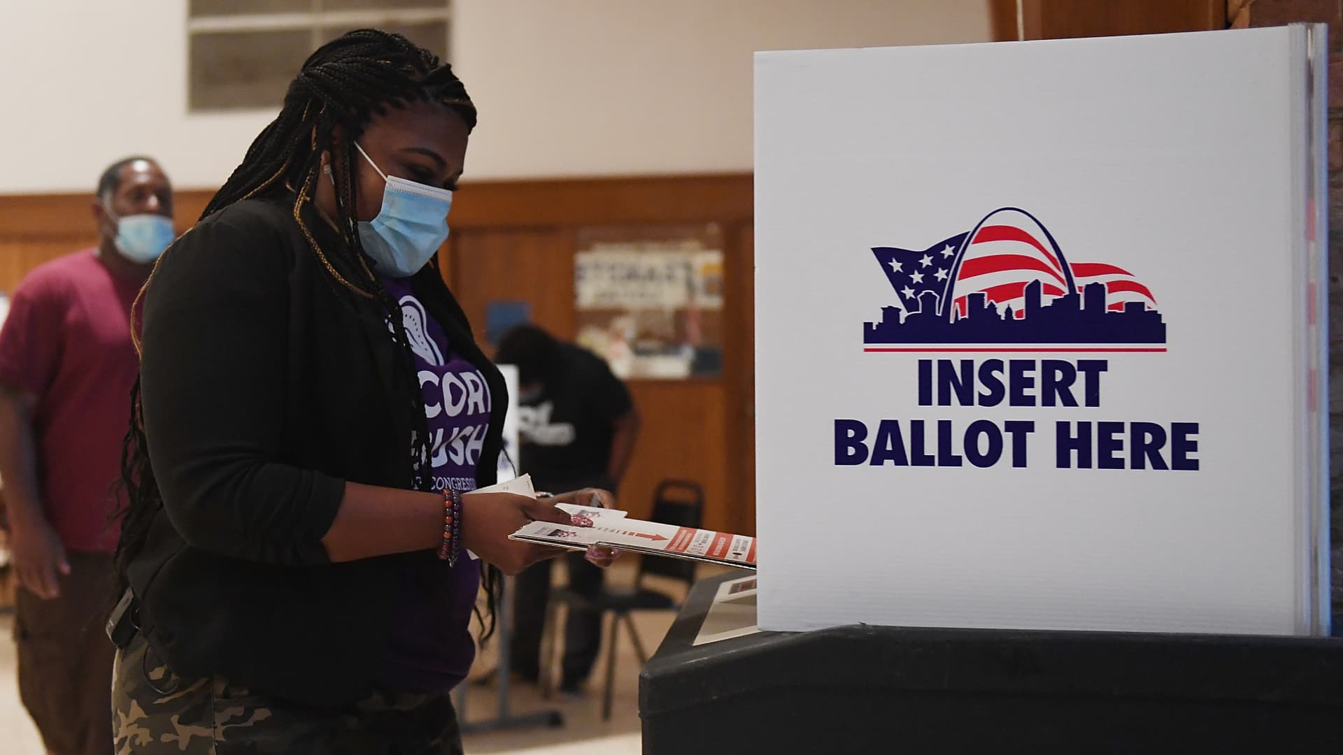 Missouri Democratic congressional candidate Cori Bush casts her ballot on August 4, 2020 at Gambrinus Hall in St Louis, Missouri.