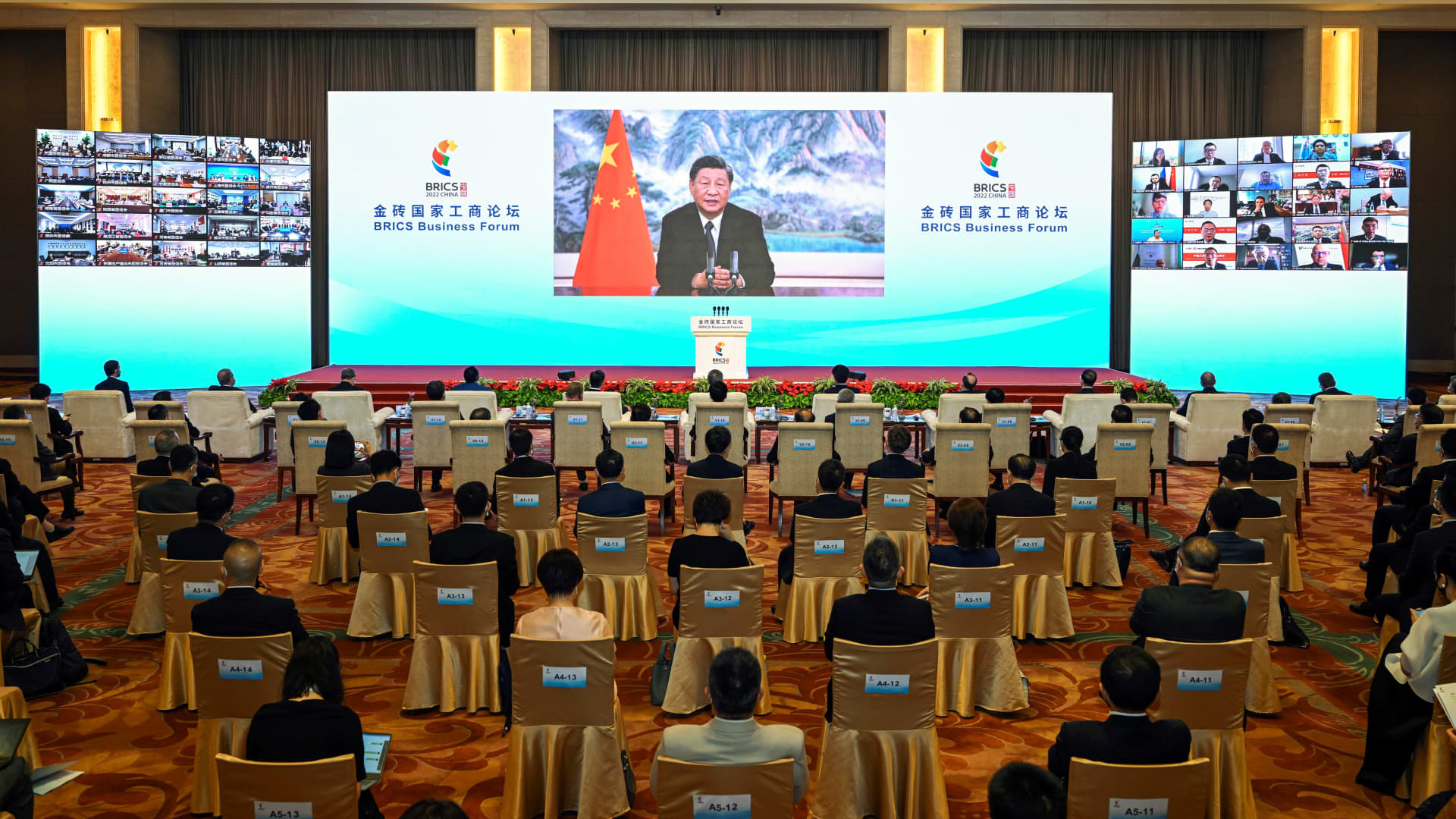Chinese President Xi Jinping delivers a keynote speech in virtual format at the opening ceremony of the BRICS Business Forum, June 22, 2022.
