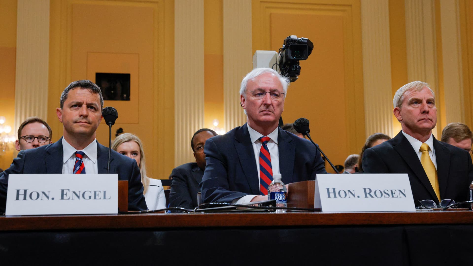 Former Assistant Attorney General for the Office of Legal Counsel Steven Engel, former Acting Attorney General Jeffrey Rosen and former Acting Deputy Attorney General Richard Donoghue attend the fifth public hearing of the U.S. House Select Committee to Investigate the January 6 Attack on the United States Capitol, on Capitol Hill in Washington, U.S., June 23, 2022.