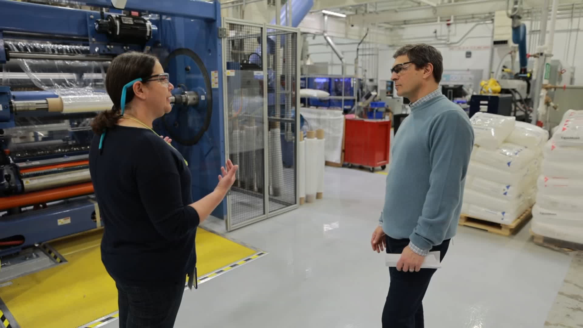 Exxon Mobil engineer Adriana Silva talks to CNBC's David Faber in a Baytown lab facility