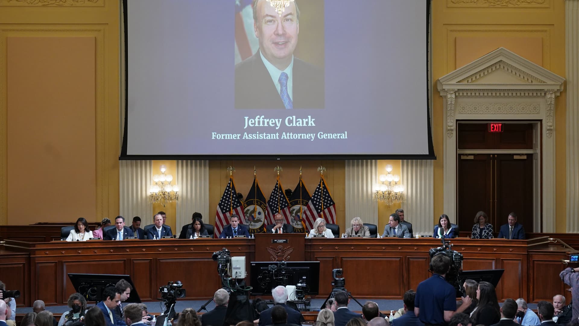 An image of former Assistant Attorney General Jeffrey Clark appears on a screen during the fifth hearing held by the Select Committee to Investigate the January 6th Attack on the U.S. Capitol on June 23, 2022 in the Cannon House Office Building in Washington, DC.