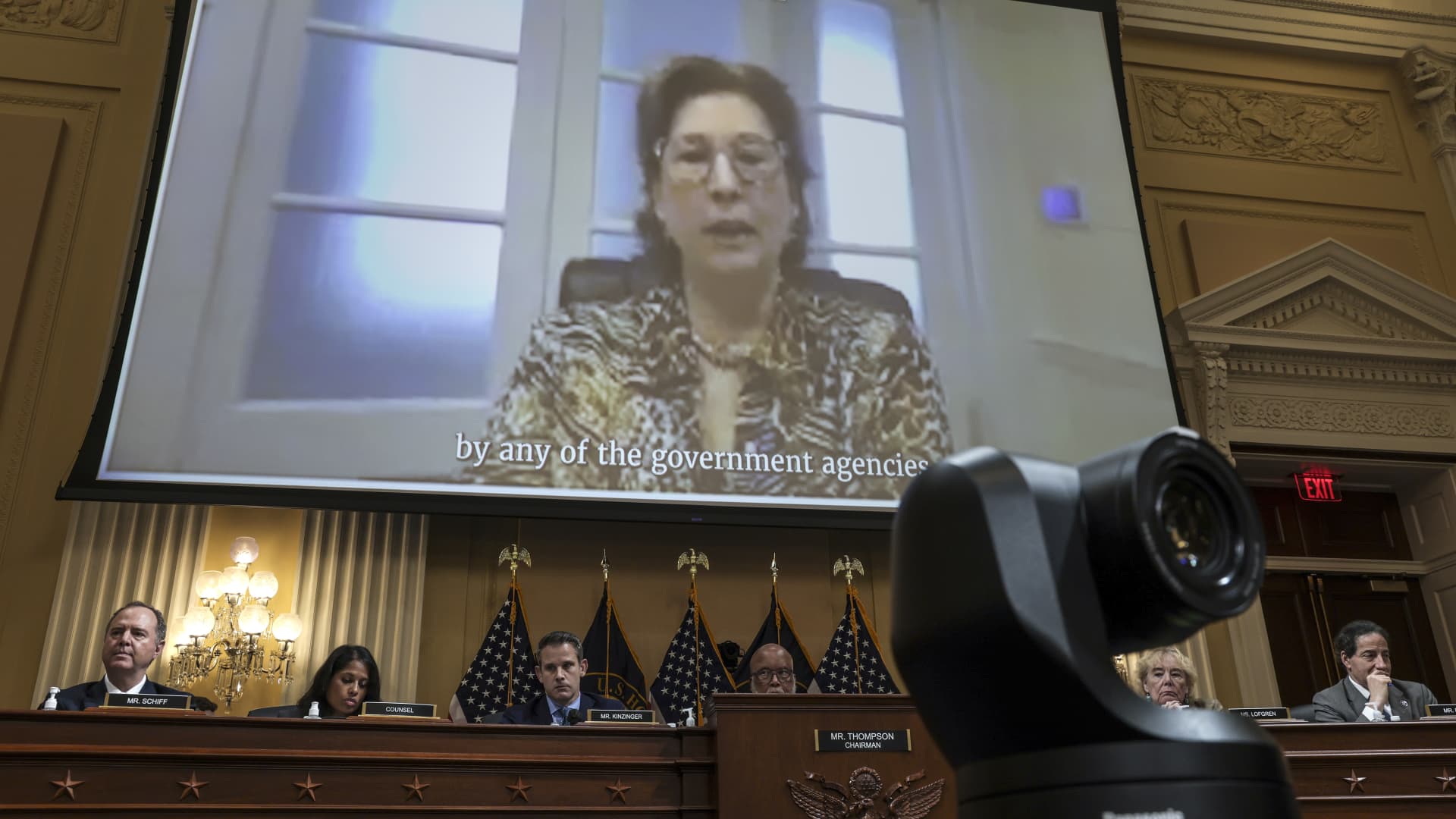 A video featuring Sidney Powell, President Trump's Campaign Attorney, is played during the fifth hearing by the House Select Committee to Investigate the January 6th Attack on the U.S. Capitol in the Cannon House Office Building on June 23, 2022 in Washington, DC.