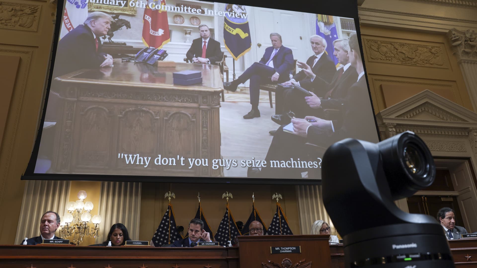 A video featuring a picture from a White House meeting is played during the fifth hearing by the House Select Committee to Investigate the January 6th Attack on the U.S. Capitol in the Cannon House Office Building on June 23, 2022 in Washington, DC.