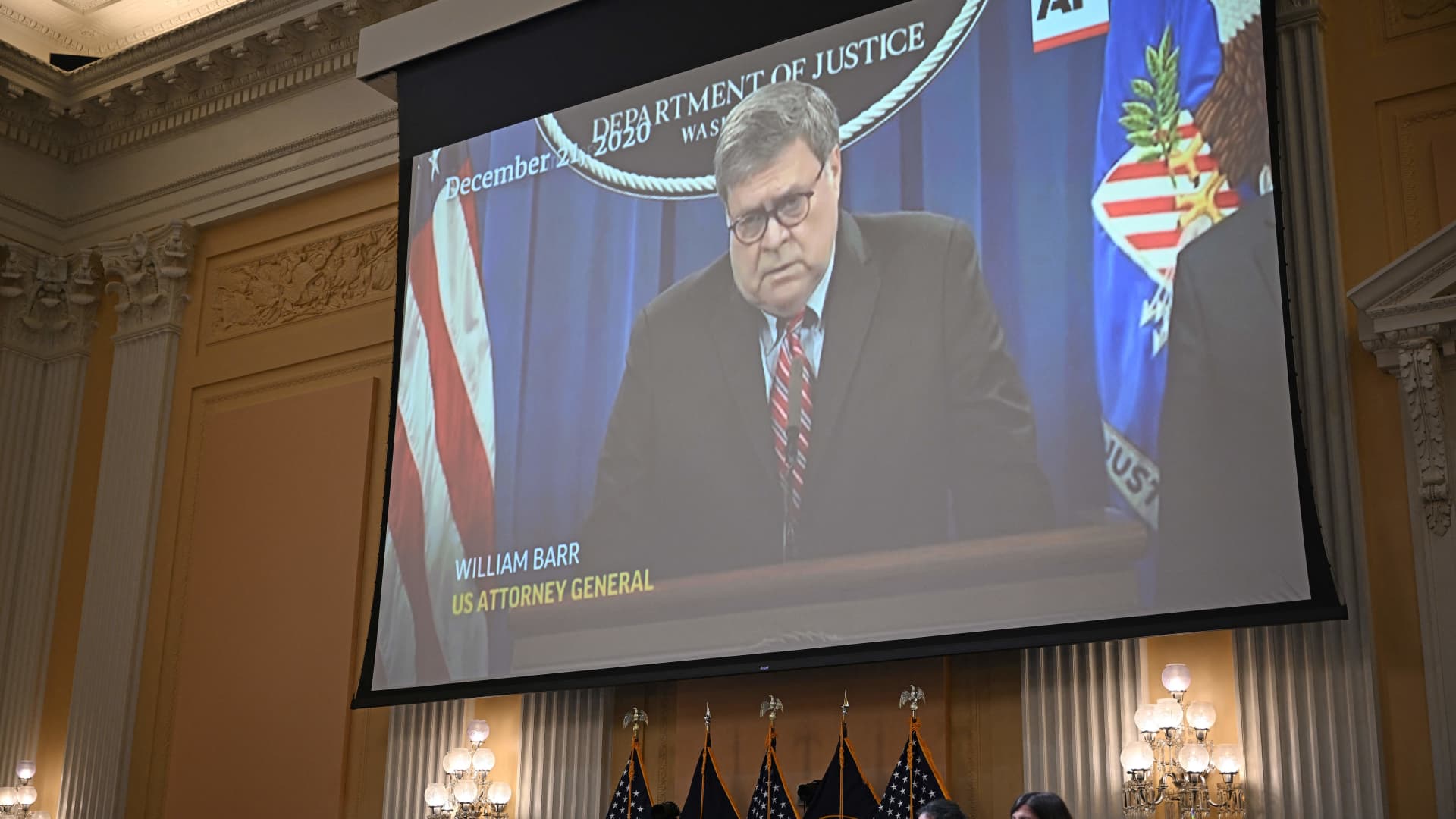 A video of former Attorney General William Barr speaking is shown on a screen during the fifth hearing by the House Select Committee to Investigate the January 6th Attack on the US Capitol in the Cannon House Office Building in Washington, DC, on June 23, 2022.
